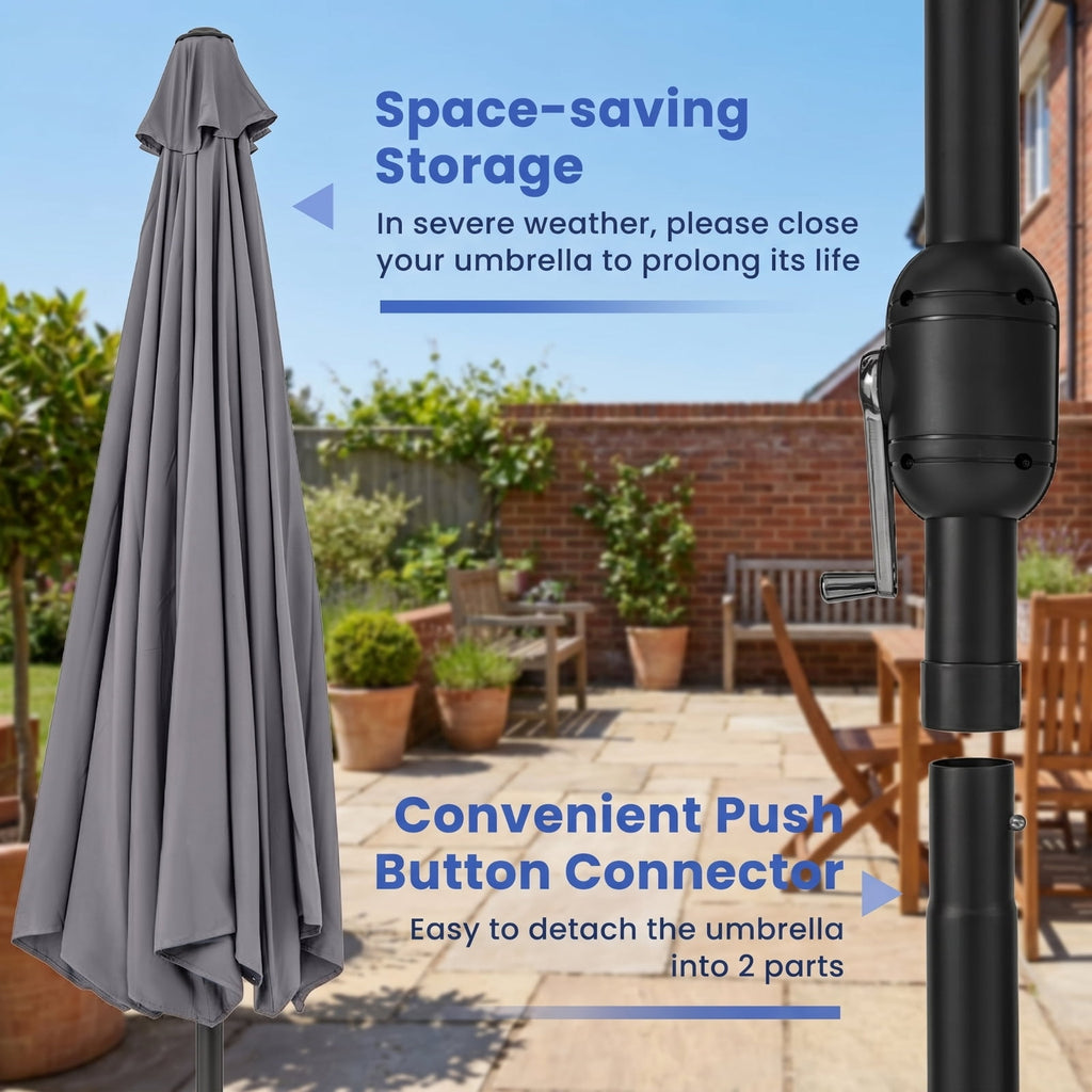 Biotree 12 ft Market Patio Umbrella with Crank and Tilt, 8 Sturdy Ribs, Vented Canopy - Gray for Backyard