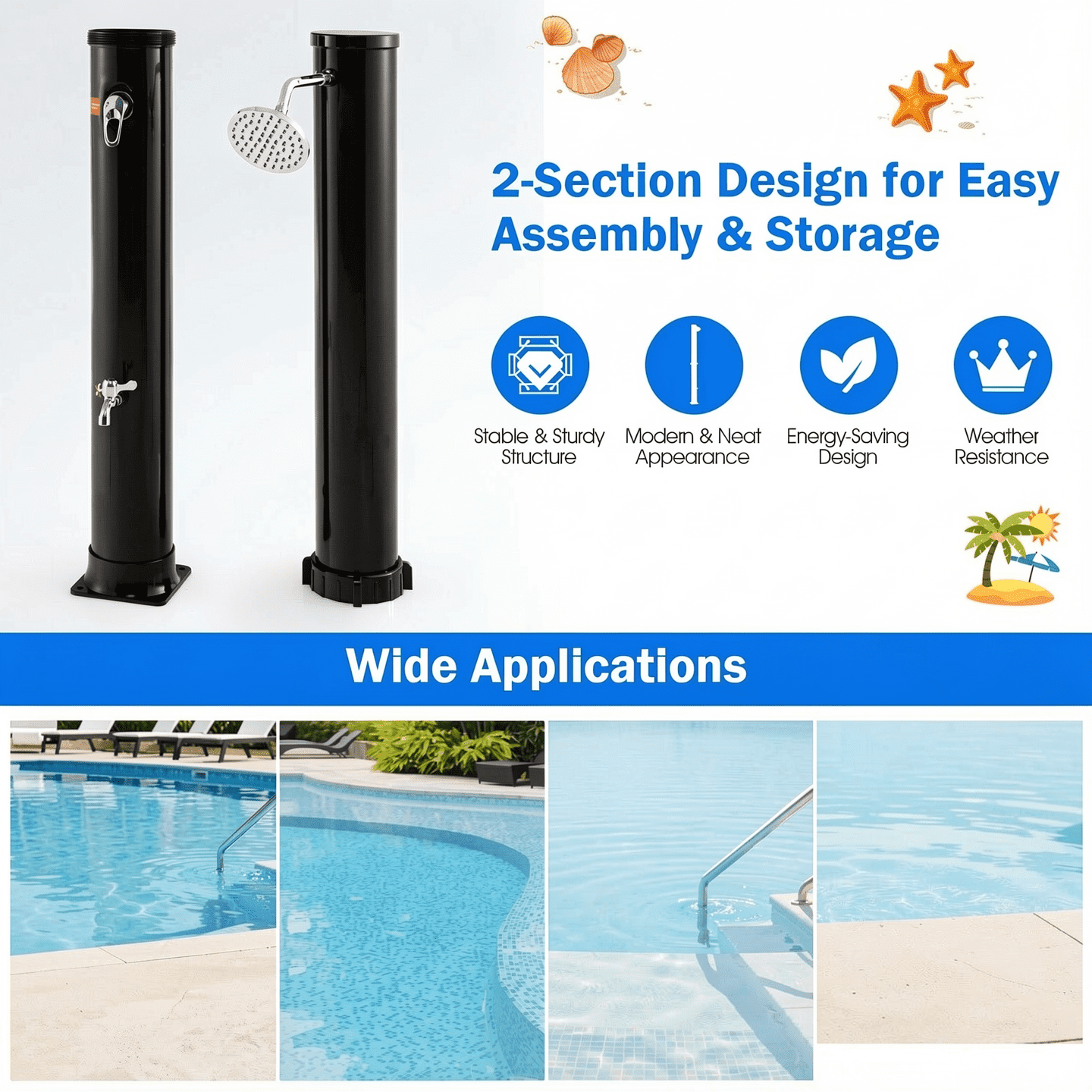Biotree 7.2 Feet Solar-Heated Outdoor Shower with Free-Rotating Shower Head Portable Camping Shower for Pool Patio, Black