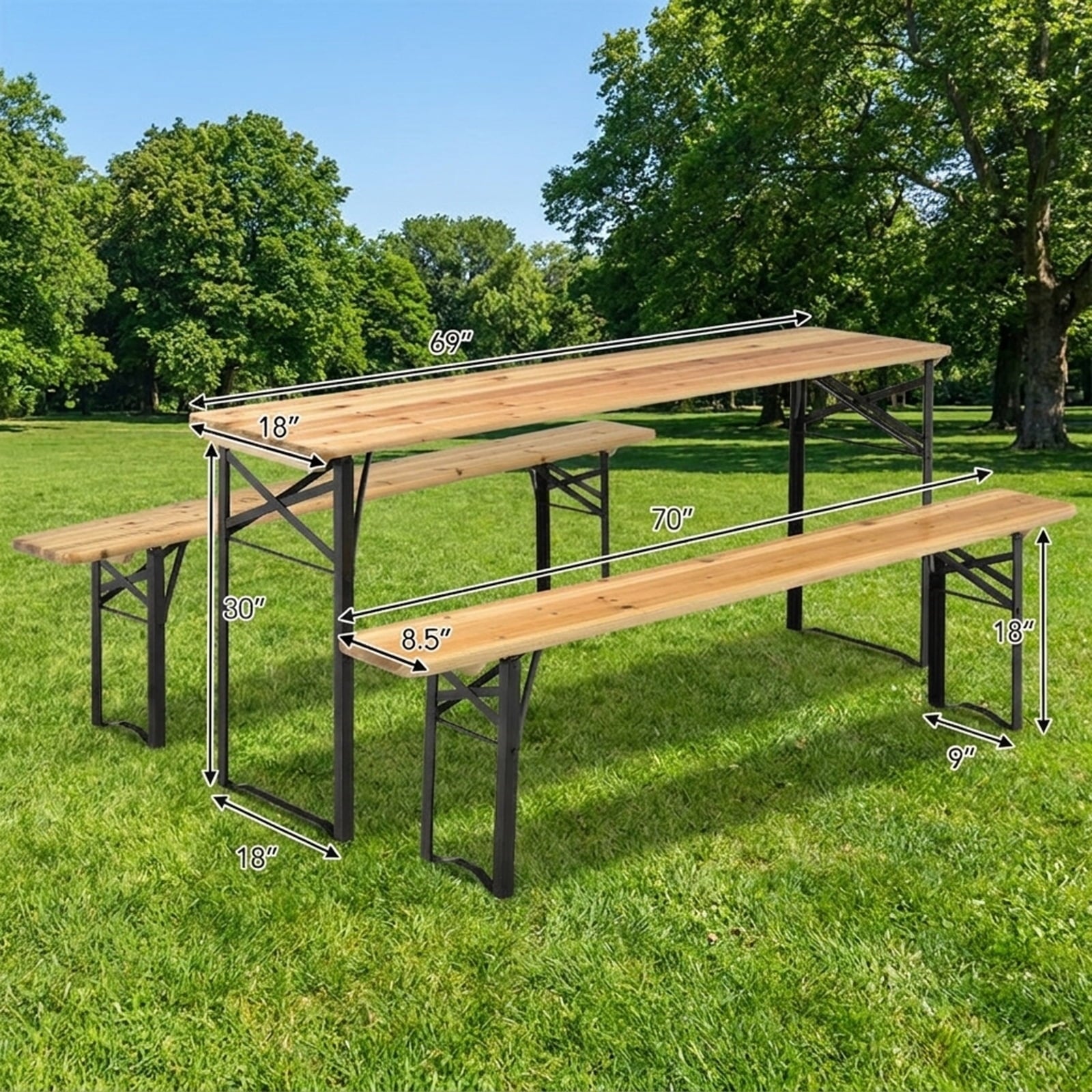 Biotree 70-Inch 3 Pieces Folding Wooden Picnic Table Bench Set, Natural Black
