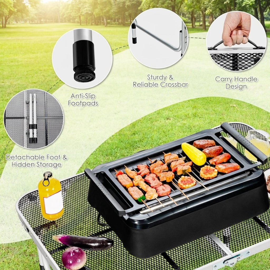Biotree Aluminum Grill Table with Iron Mesh Top Portable Folding Outdoor Camp Kitchen Table for BBQ Cooking, Silver