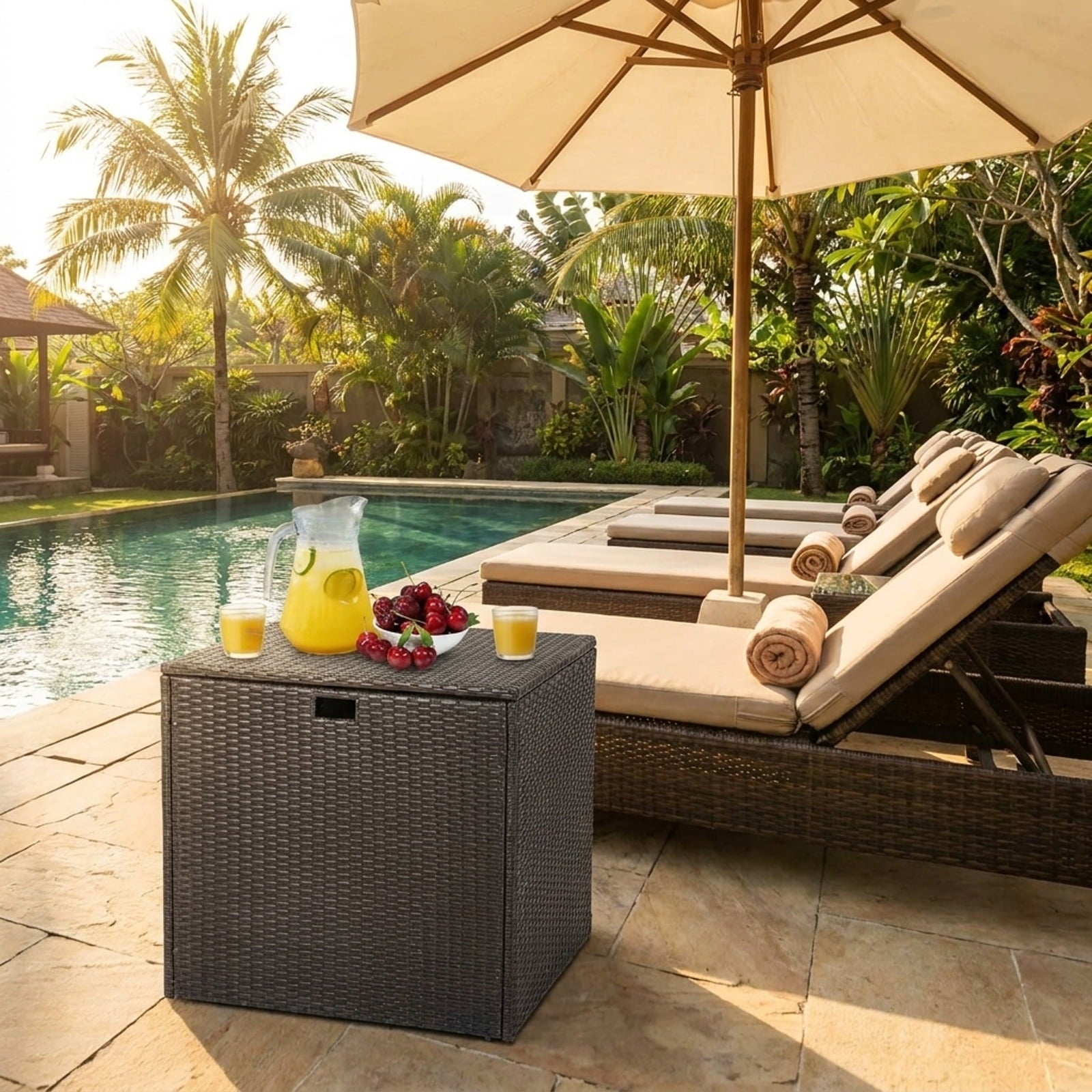 Biotree 72 Gallon Rattan Outdoor Storage Box with Zippered Liner and Solid Pneumatic Rod Outdoor Waterproof for Patio Deck Garden Cushions, Brown