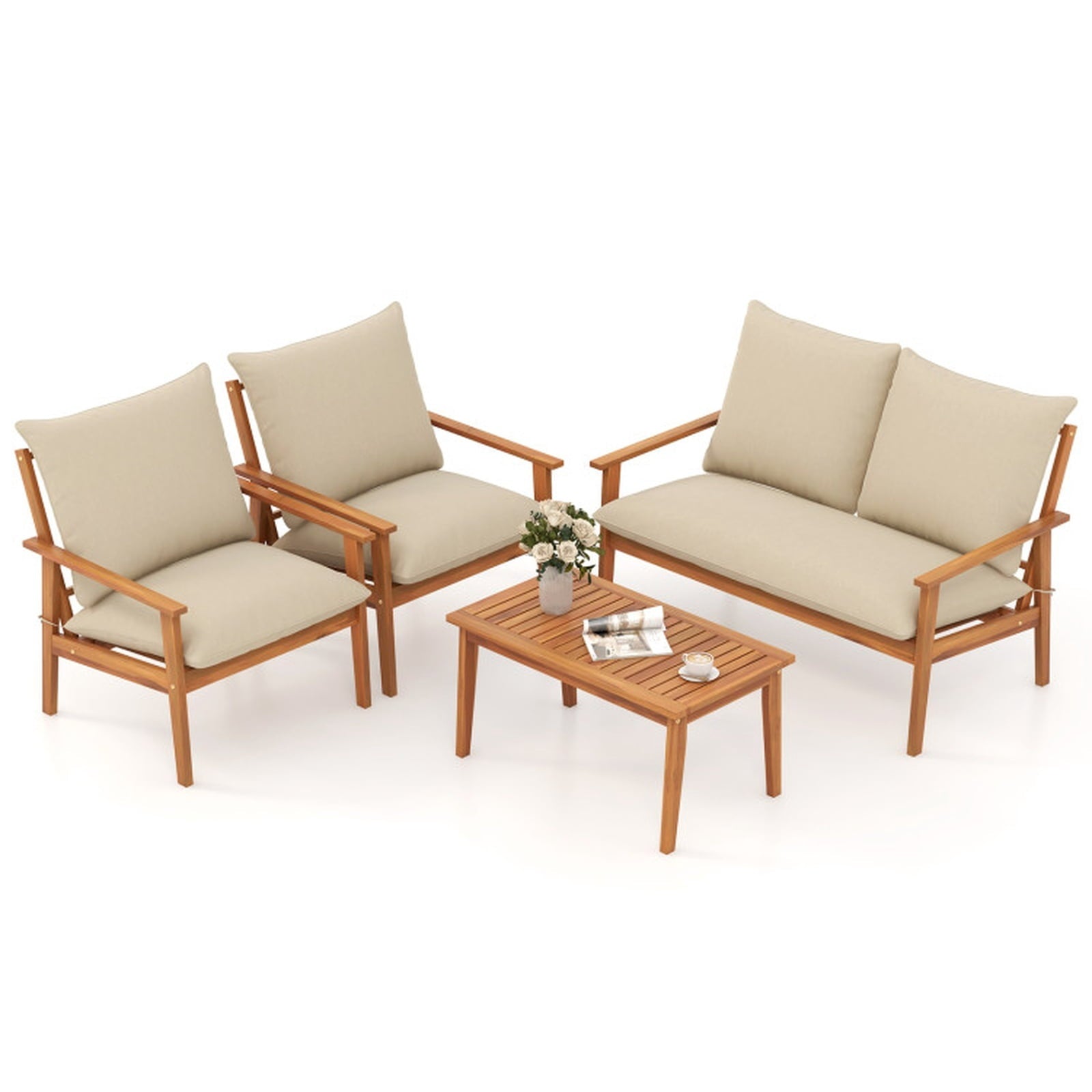 Biotree 4 Pieces Outdoor Acacia Wood Conversation Set with Soft Cushions and Coffee Table Outdoor Conversation Set for Garden Backyard PorchWhite