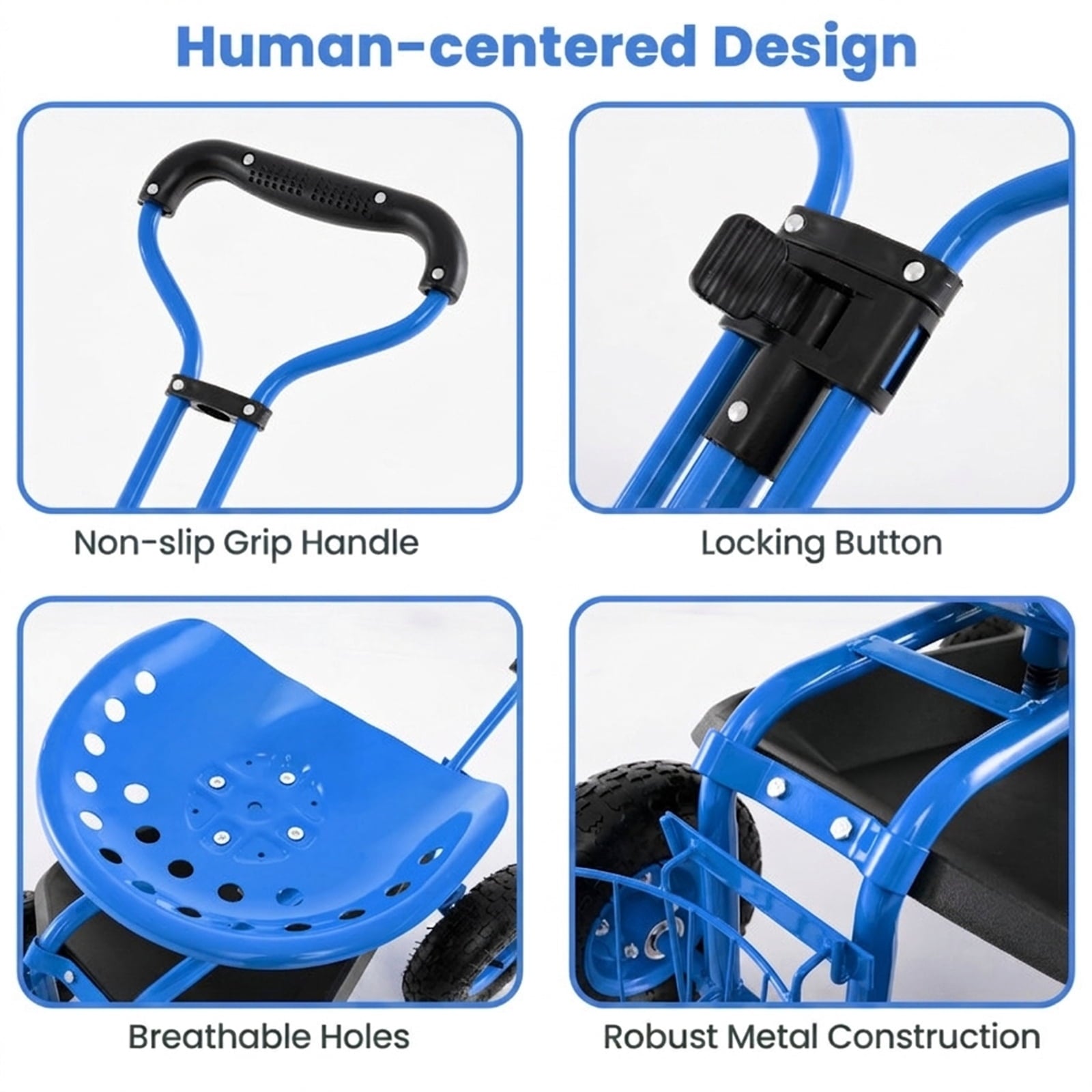 Biotree Heavy Duty Garden Cart with Tool Tray and 360 Swivel Seat for Garden Yard Lawn Work Outdoor, Blue