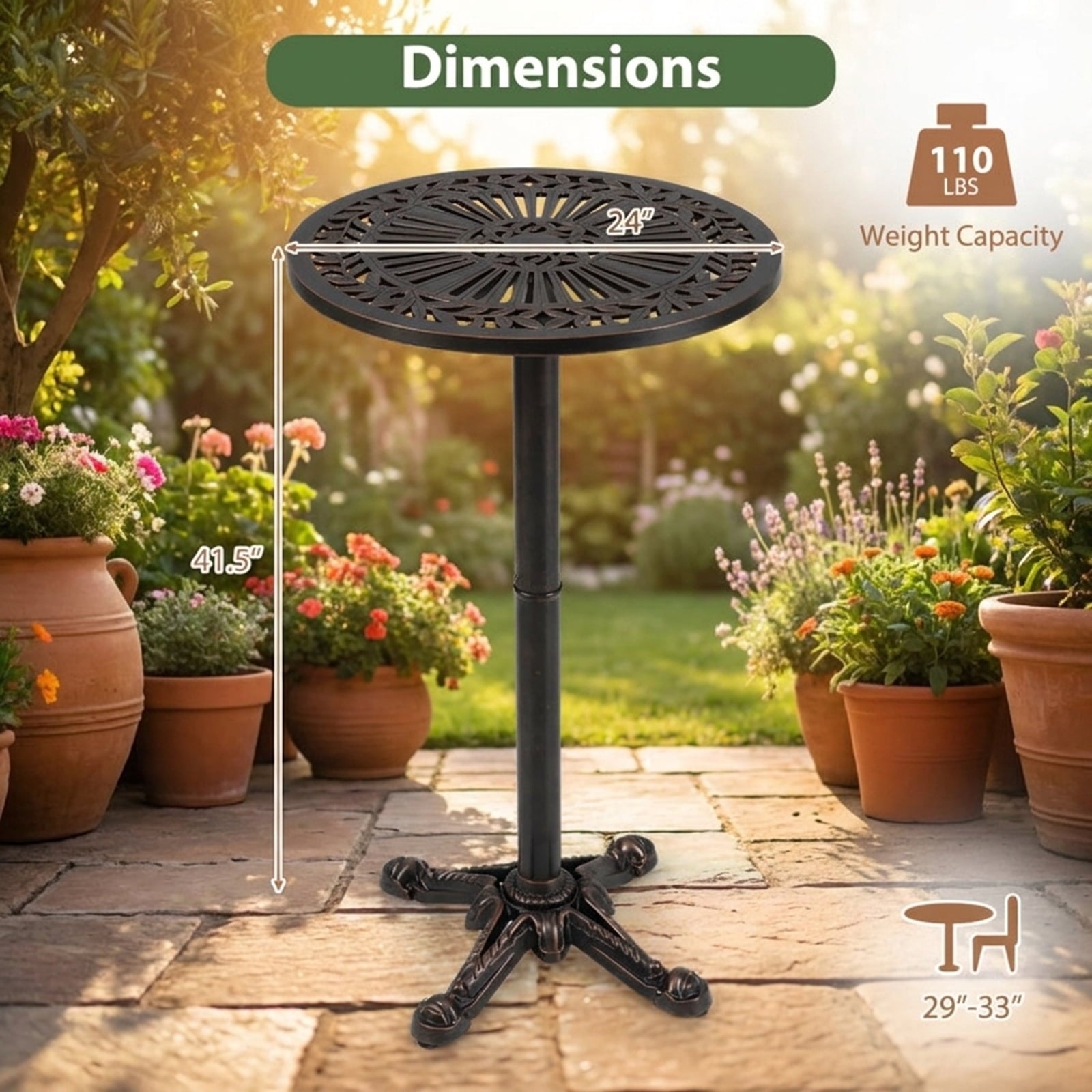 Biotree 41.5 Inch Patio Round Bar Table Cast Aluminum Bistro Table for Garden, Walnut