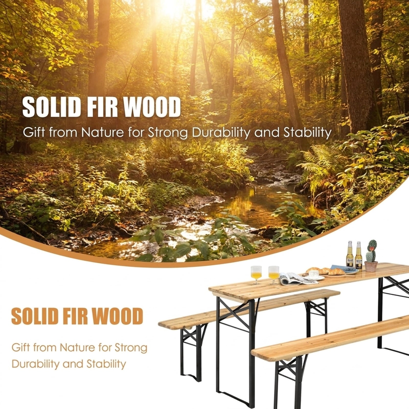 Biotree 70-Inch 3 Pieces Folding Wooden Picnic Table Bench Set, Natural Black