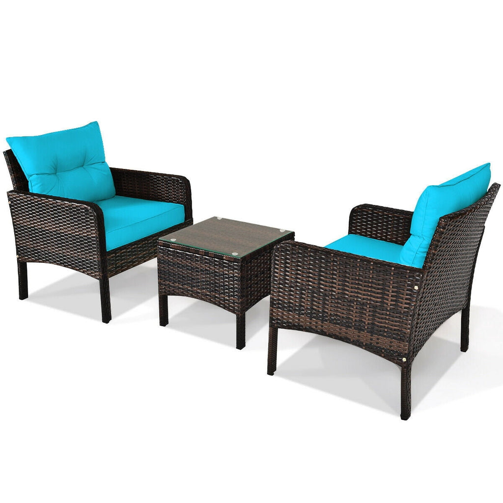 Biotree 3-Piece Patio Rattan Conversation Set-Turquoise