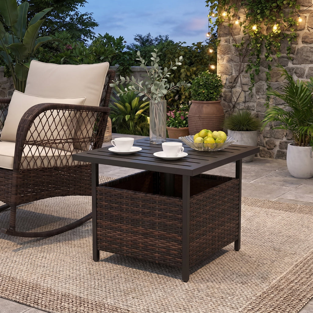 Biotree Outdoor Patio Rattan Wicker Steel Side Deck Table, Mix Brown