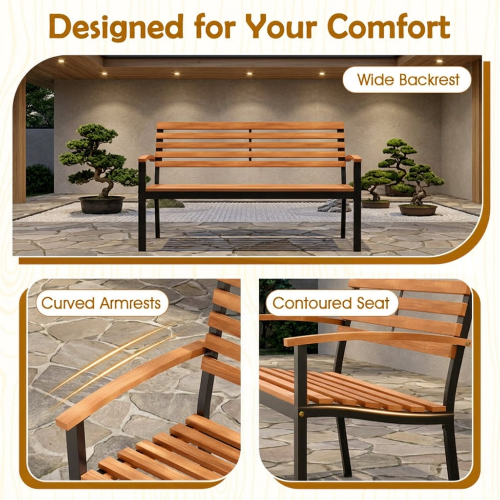 Biotree Outdoor Bench Acacia Wood Patio Loveseat with Backrest Armrests Stackable Patio Chair for Garden BackyardBlack + Natural