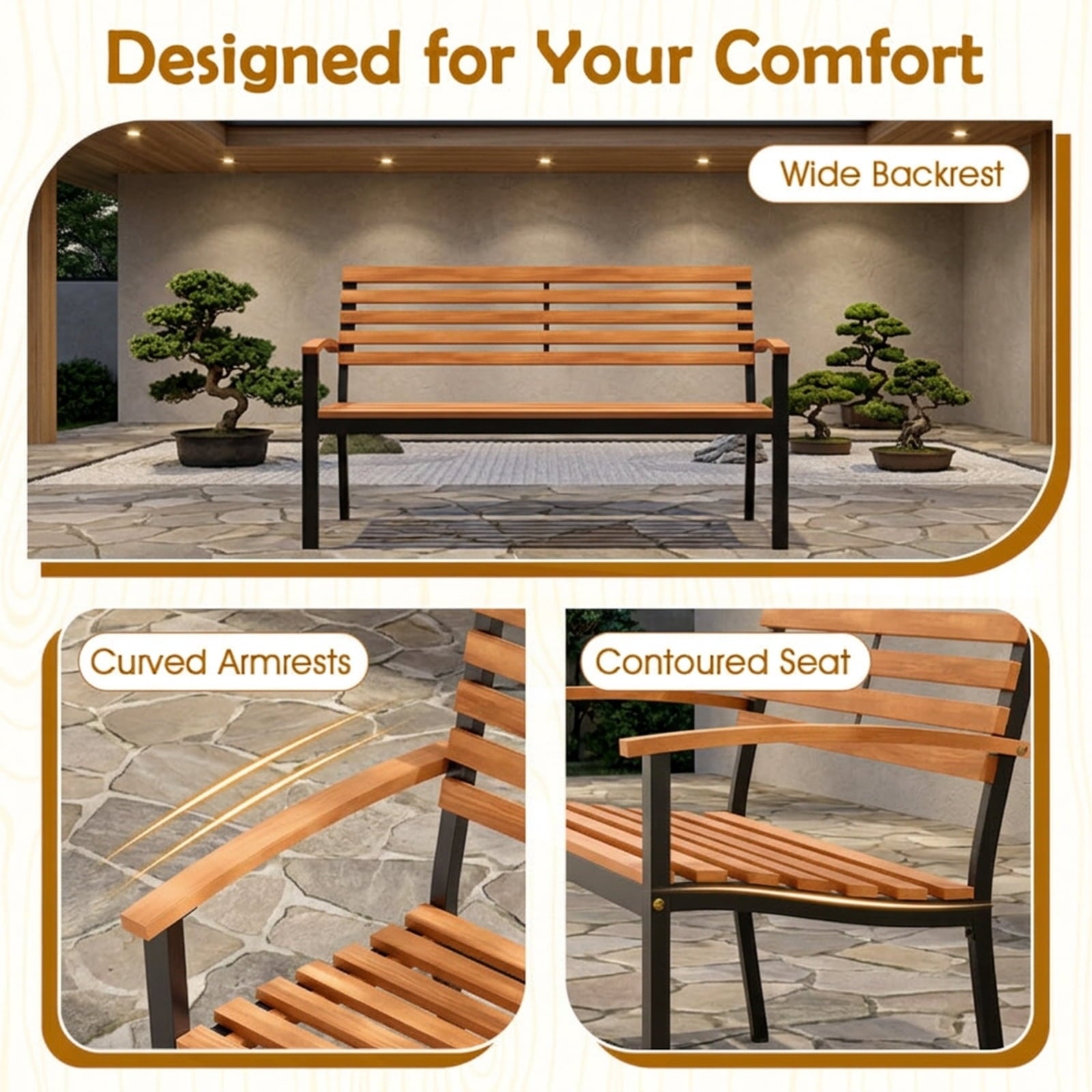 Biotree Outdoor Bench Acacia Wood Patio Loveseat with Backrest Armrests Stackable Patio Chair for Garden BackyardBlack + Natural