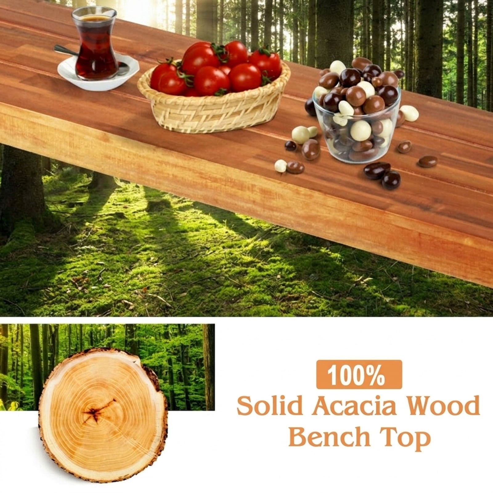 Biotree Set of 2 Patio Acacia Wood Dining Benches Stackable Patio Chair for Garden BackyardRed brown + dark brown