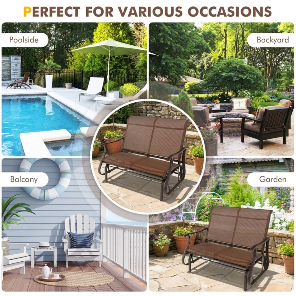 Biotree 2-Person Patio Glider Bench with High Back and Curved Armrests Stackable Patio Chair for Garden BackyardBrown