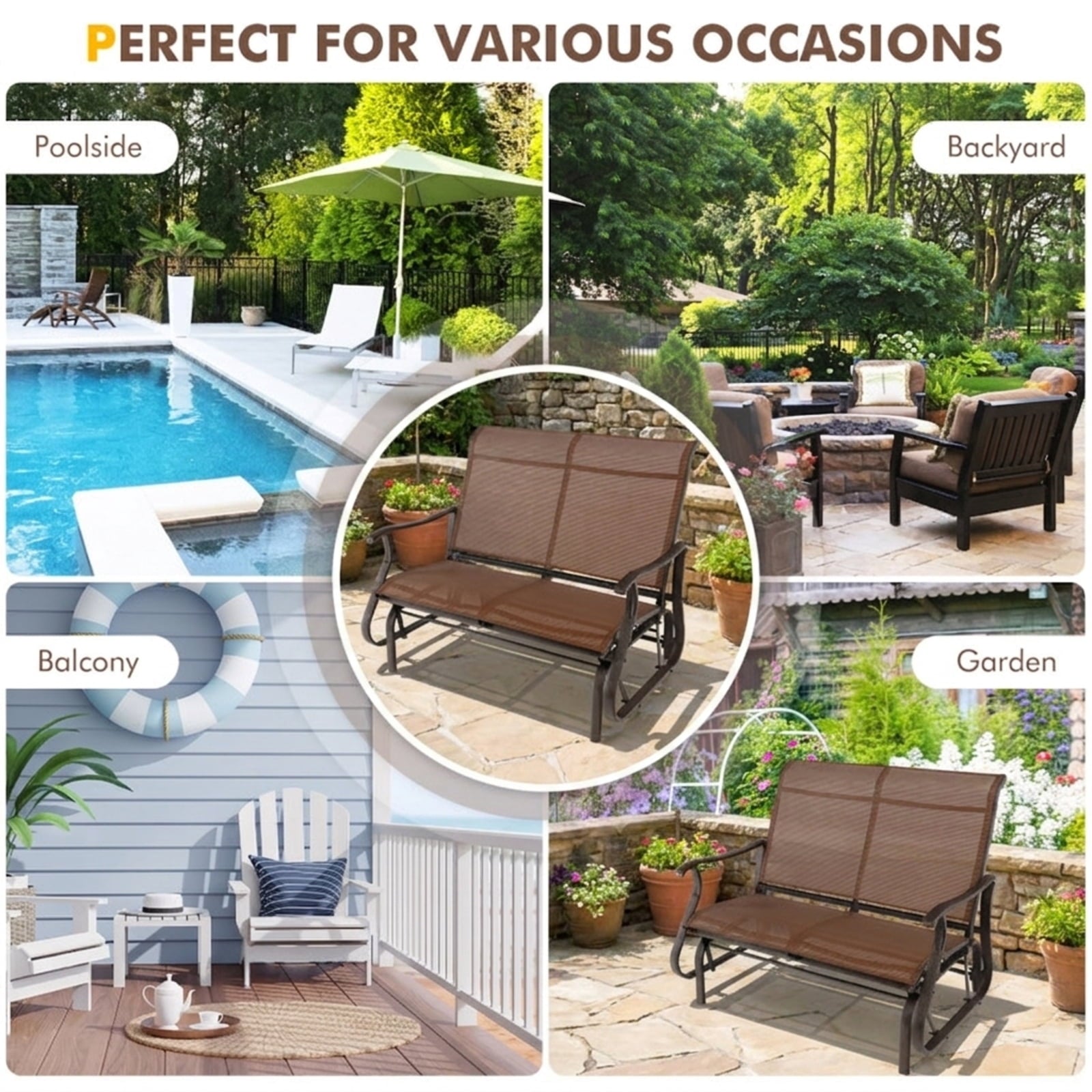 Biotree 2-Person Patio Glider Bench with High Back and Curved Armrests Stackable Patio Chair for Garden BackyardBrown
