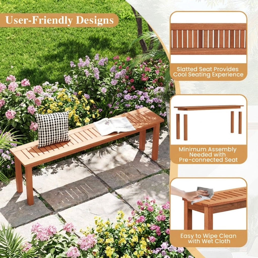 Biotree Outdoor 59 Inch Long Patio Dining Backless Wooden Bench with Teak Oil Finish Stackable Patio Chair for Garden BackyardNatural