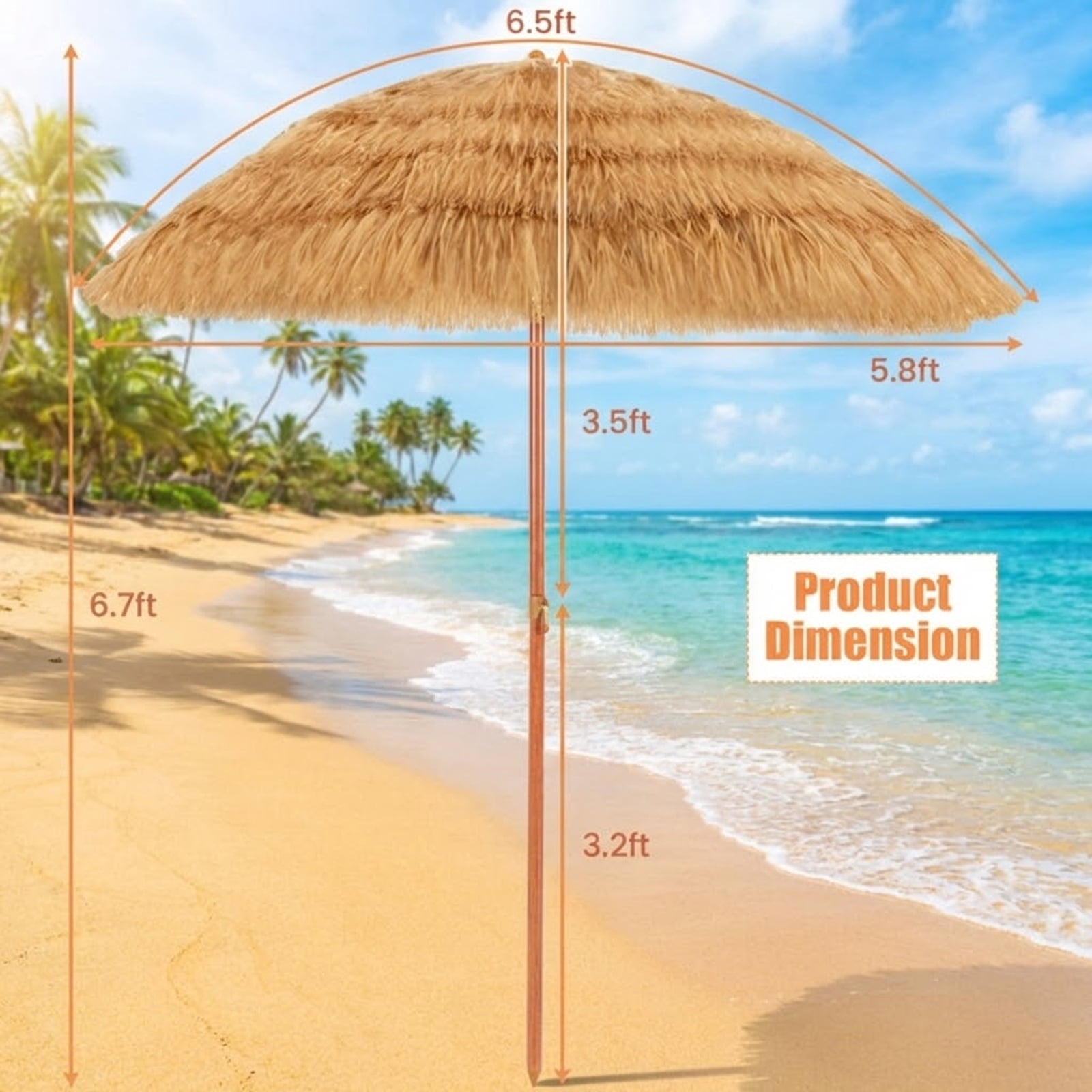 Biotree 6.5 Feet Portable Thatched Tiki Beach Umbrella with Adjustable Tilt Khaki - Portable Sun Shade for Beach Pool Backyard