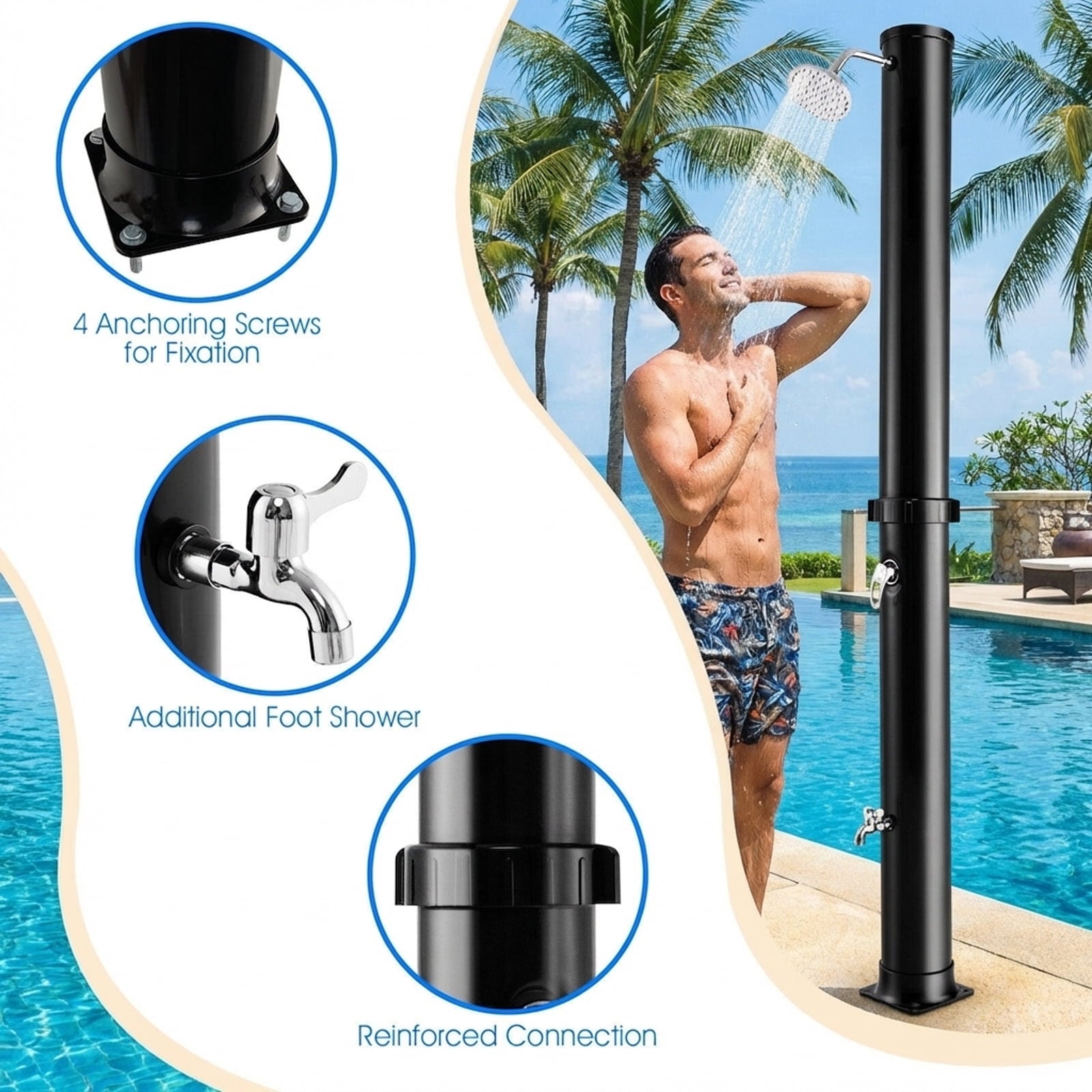 Biotree 7.2 Feet Solar-Heated Outdoor Shower with Free-Rotating Shower Head Portable Camping Shower for Pool Patio, Black