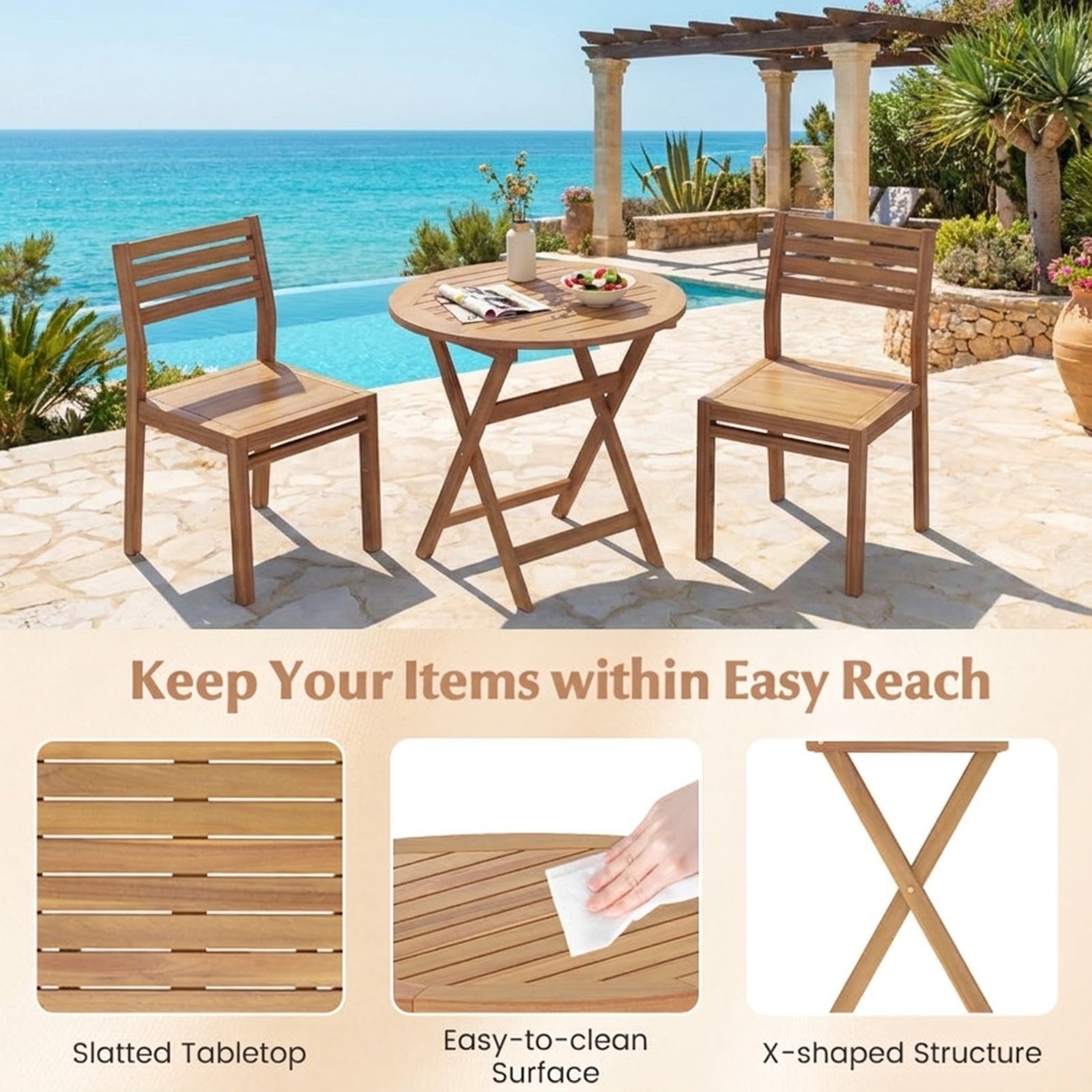 Biotree Outdoor Side Table with Slatted Tabletop and X-Shaped Structure, Natural