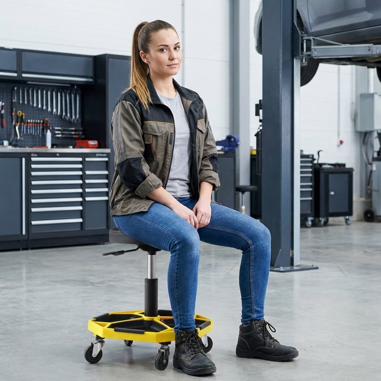 Biotree 330 lbs Pneumatic Rolling Mechanic Stool Padded Seat Height Adjustable - Yellow