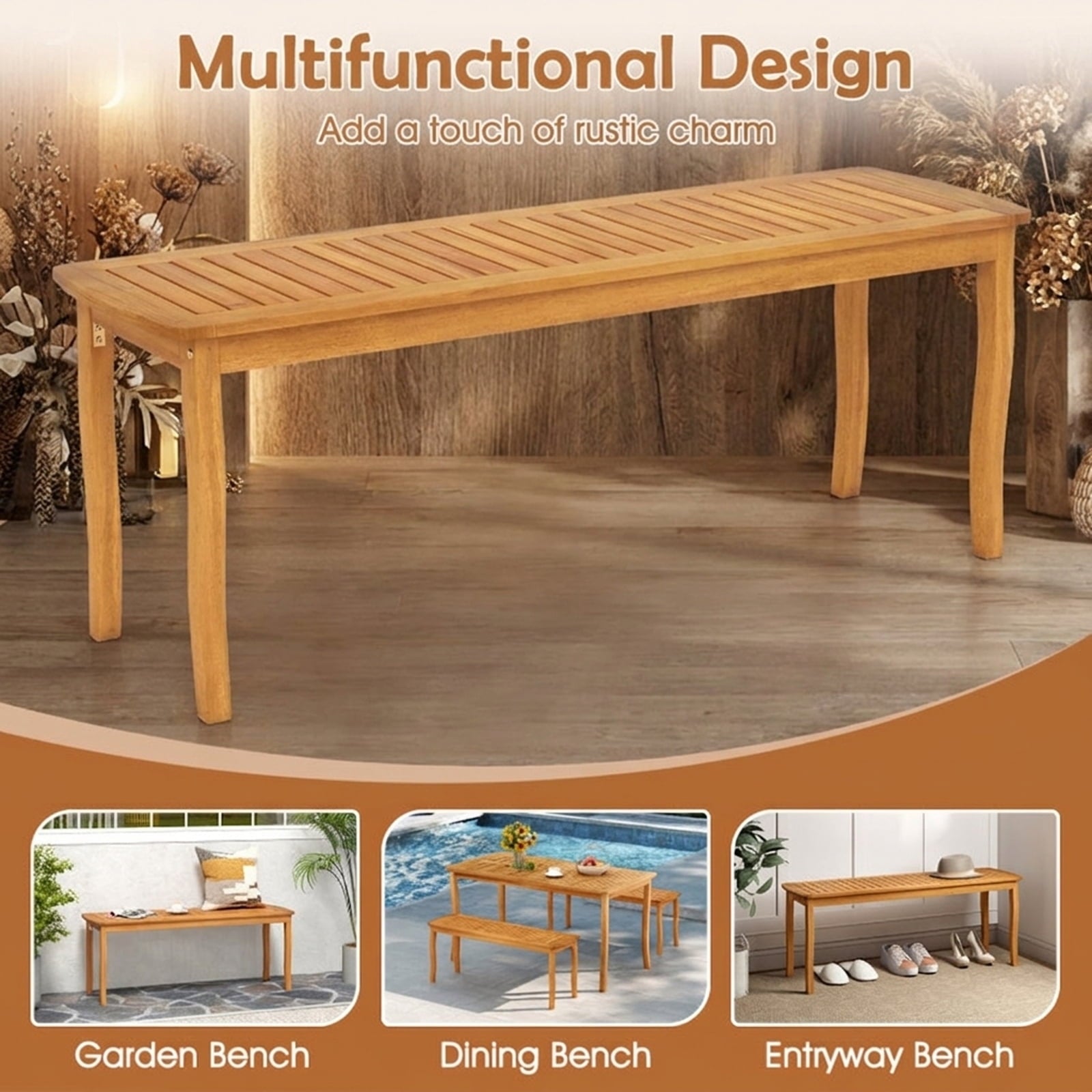 Biotree Acacia Wood Outdoor 48 Long Patio Dining Bench-2 Pieces Stackable Patio Chair for Garden BackyardNatural