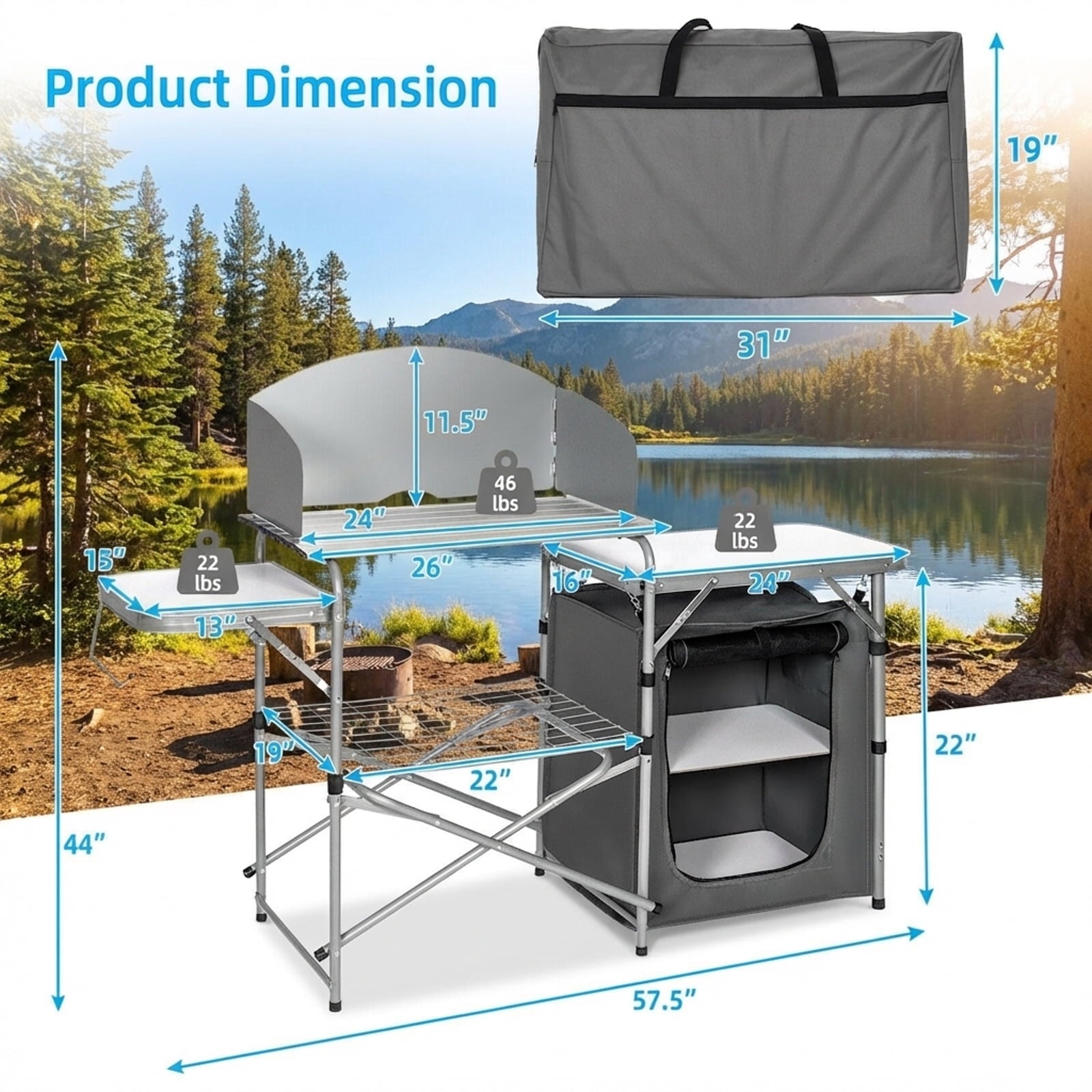 Biotree Foldable Outdoor BBQ Portable Grilling Table with Windscreen and Carry Bag Camping Grill Table for Cooking, Gray