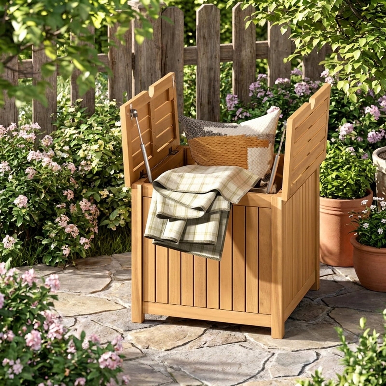 Biotree 2-in-1 Outdoor Side Table with Storage Acacia Wood Slatted Coffee Table Square Slatted End Storage Box with 2.3" Umbrella Hole, Natural