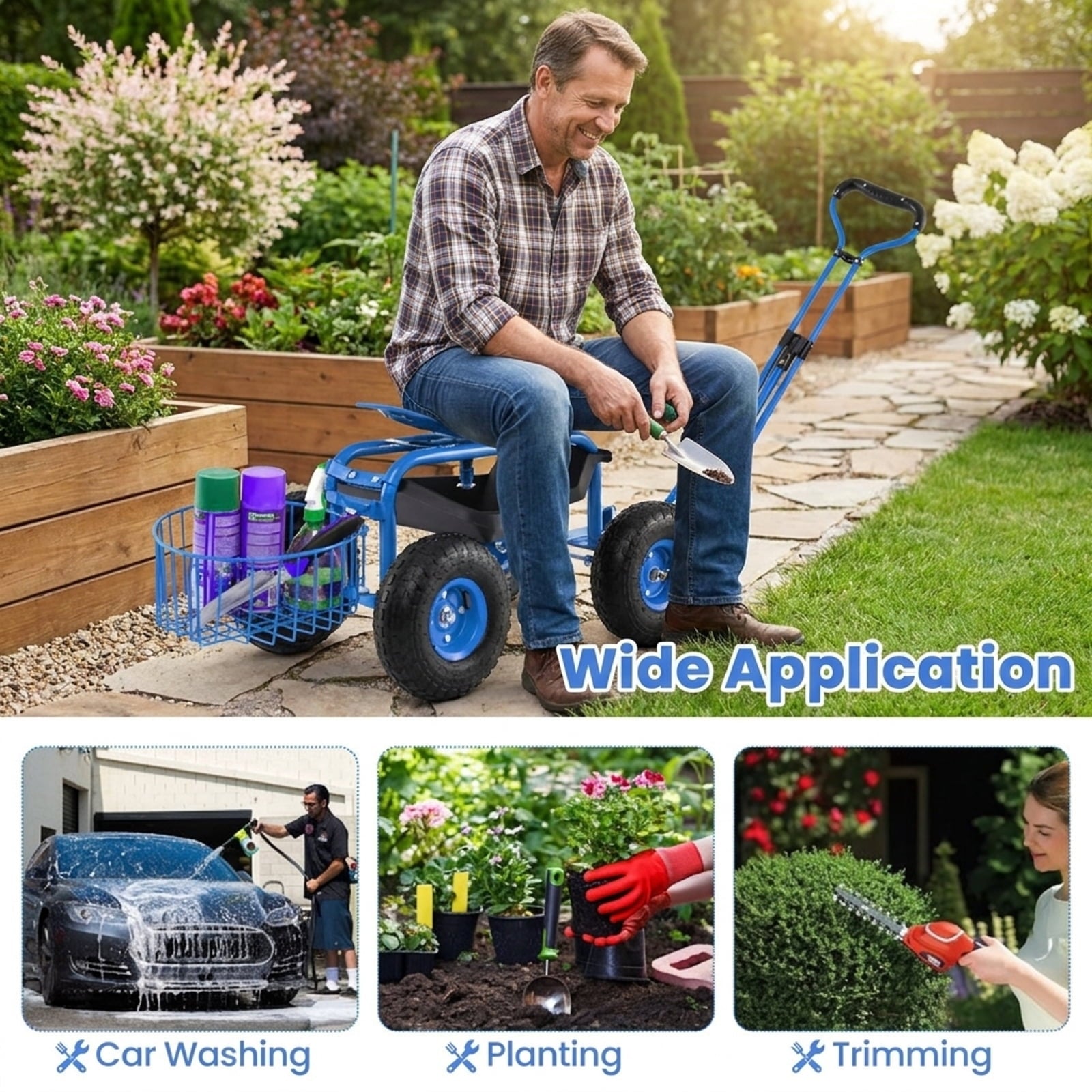 Biotree Heavy Duty Garden Cart with Tool Tray and 360 Swivel Seat for Garden Yard Lawn Work Outdoor, Blue