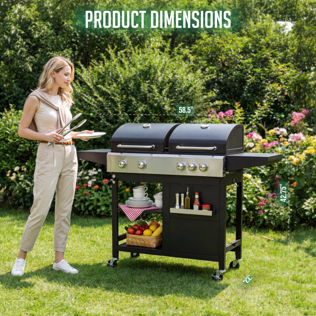 Biotree 5-Burner Propane Gas Grill and Griddle Combo, 54,000 BTU Dual Fuel BBQ Grill with Side Burner for Backyard, Patio Outdoor Cooking & Entertaining