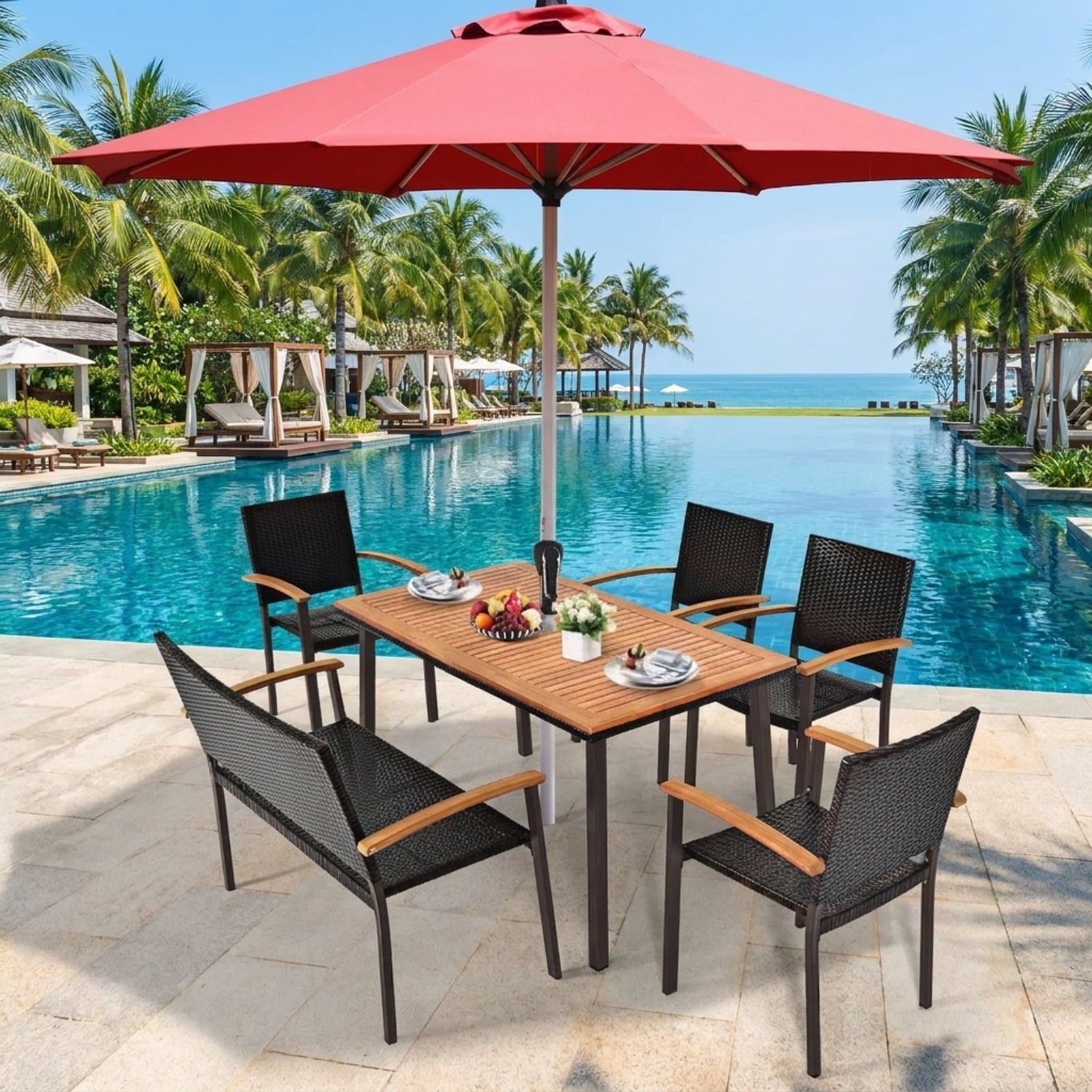 Biotree 55 Inch Patio Acacia Dining Table with Umbrella Hole, Black