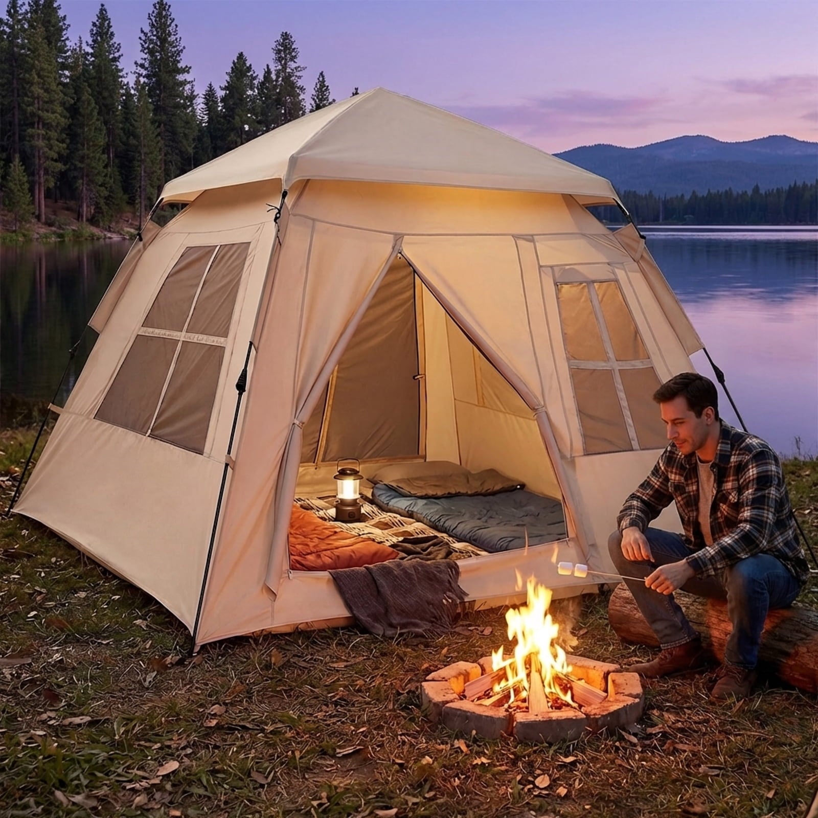 Biotree 4 Person Camping Tent with Mesh Windows and Carrying Bag for Family Camping Hiking