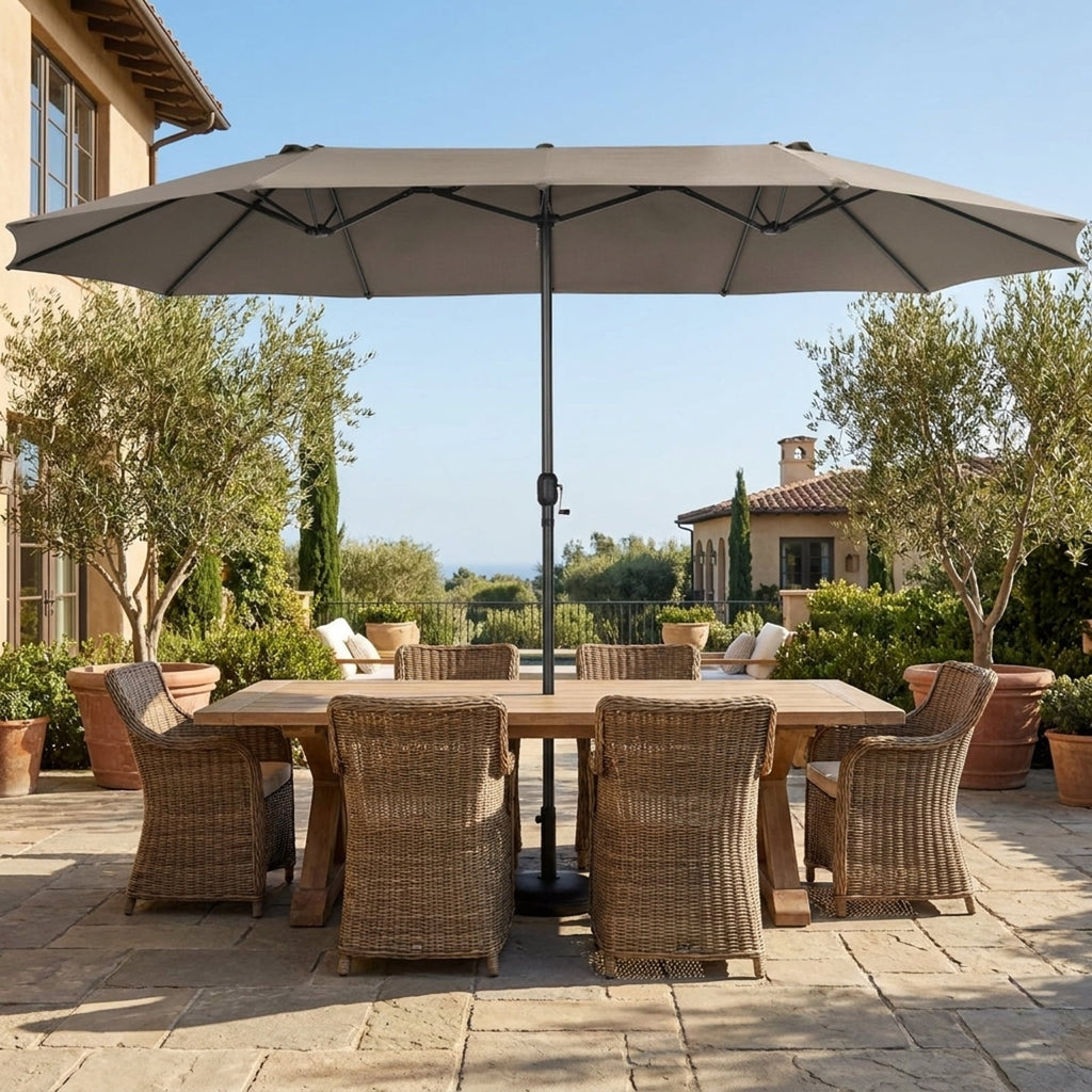 Biotree 15 ft Double-Sided Twin Patio Umbrella Crank Tilt Outdoor Shade - Brown - UV Protection with Cross Base