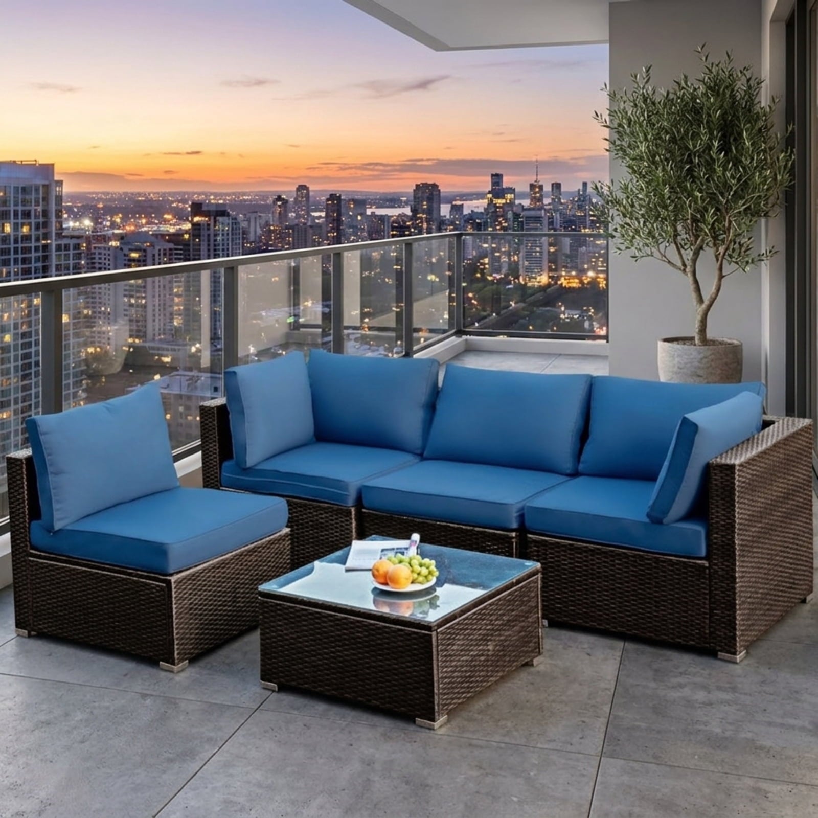 Biotree 5 Pieces Cushioned Patio Rattan Furniture Set with Glass Table Outdoor Conversation Set for Garden Backyard PorchNavy