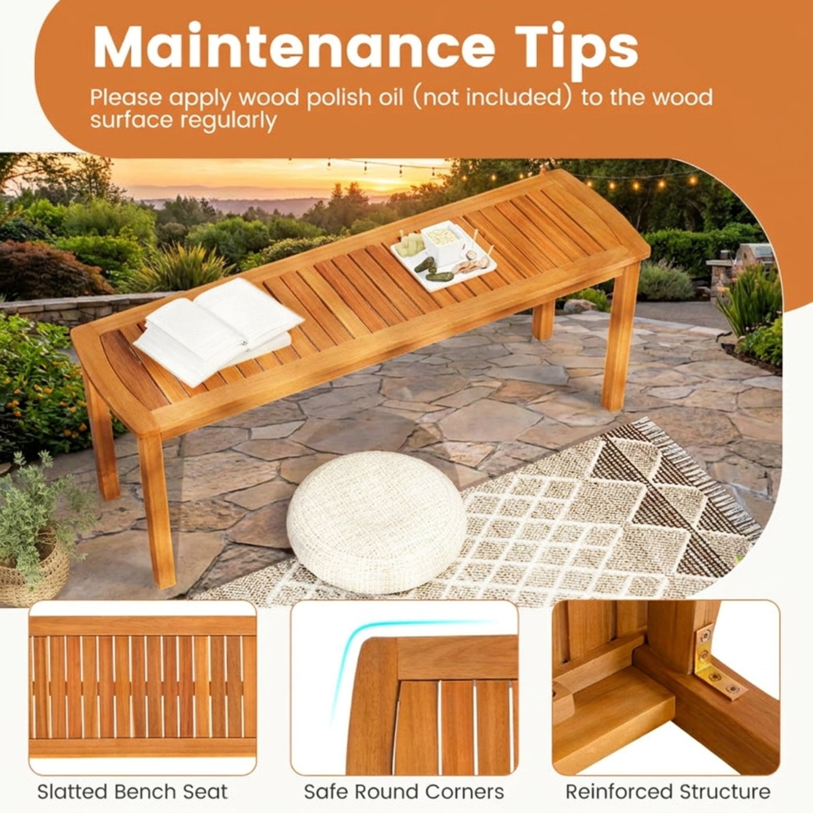 Biotree Acacia Wood Outdoor Bench with Slatted Seat for Garden Stackable Patio Chair for Garden BackyardNatural
