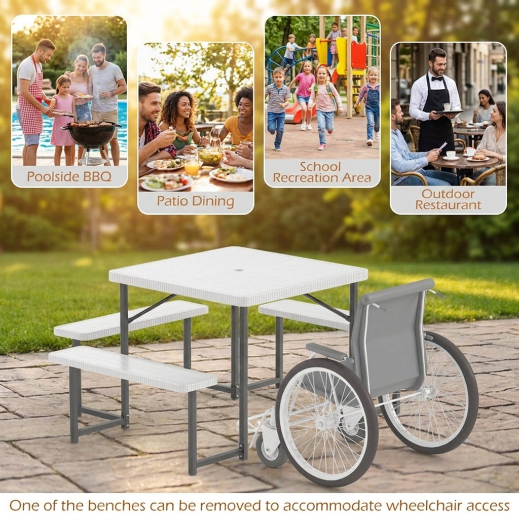 Biotree 63-Inch Outdoor Square Picnic Table Bench Set for 4-8 People with Umbrella Hole, White