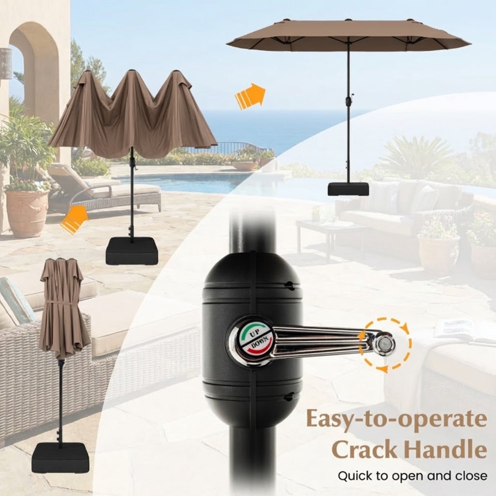 Biotree 13FT Double-sided Patio Twin Table Umbrella with Crank Handle-Tan Brown - Outdoor Patio Garden Sun Shade