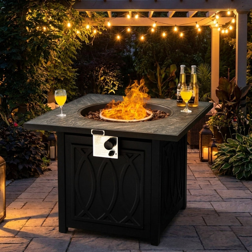 Biotree 32 Inch Propane Fire Pit Table Square Tabletop with Lava Rocks Cover 50000 BTU for Outdoor Patio Backyard Garden Camping, Black