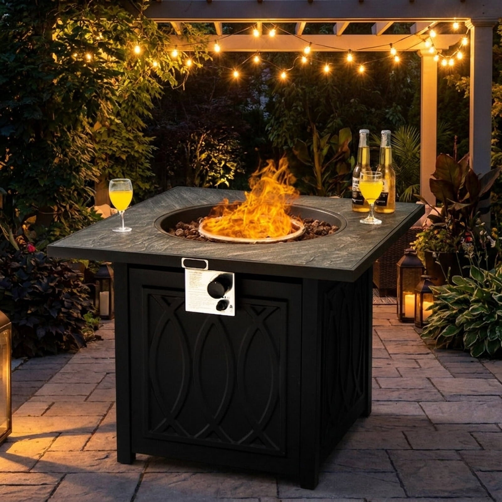 Biotree 32 Inch Propane Fire Pit Table Square Tabletop with Lava Rocks Cover 50000 BTU for Outdoor Patio Backyard Garden Camping, Black