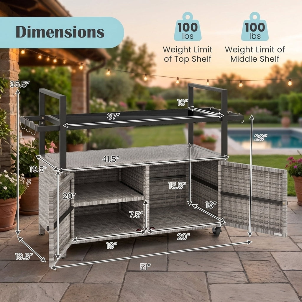 Biotree Outdoor Wicker Bar Cart with Cabinet and 8 Hooks Rolling Patio Serving Cart for Backyard Entertaining, Gray