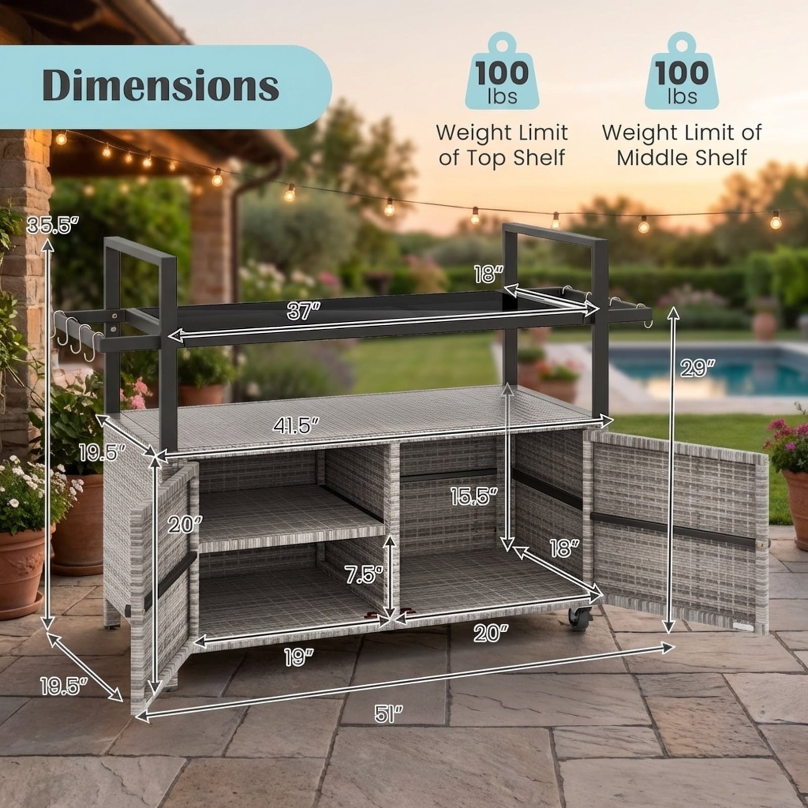 Biotree Outdoor Wicker Bar Cart with Cabinet and 8 Hooks Rolling Patio Serving Cart for Backyard Entertaining, Gray
