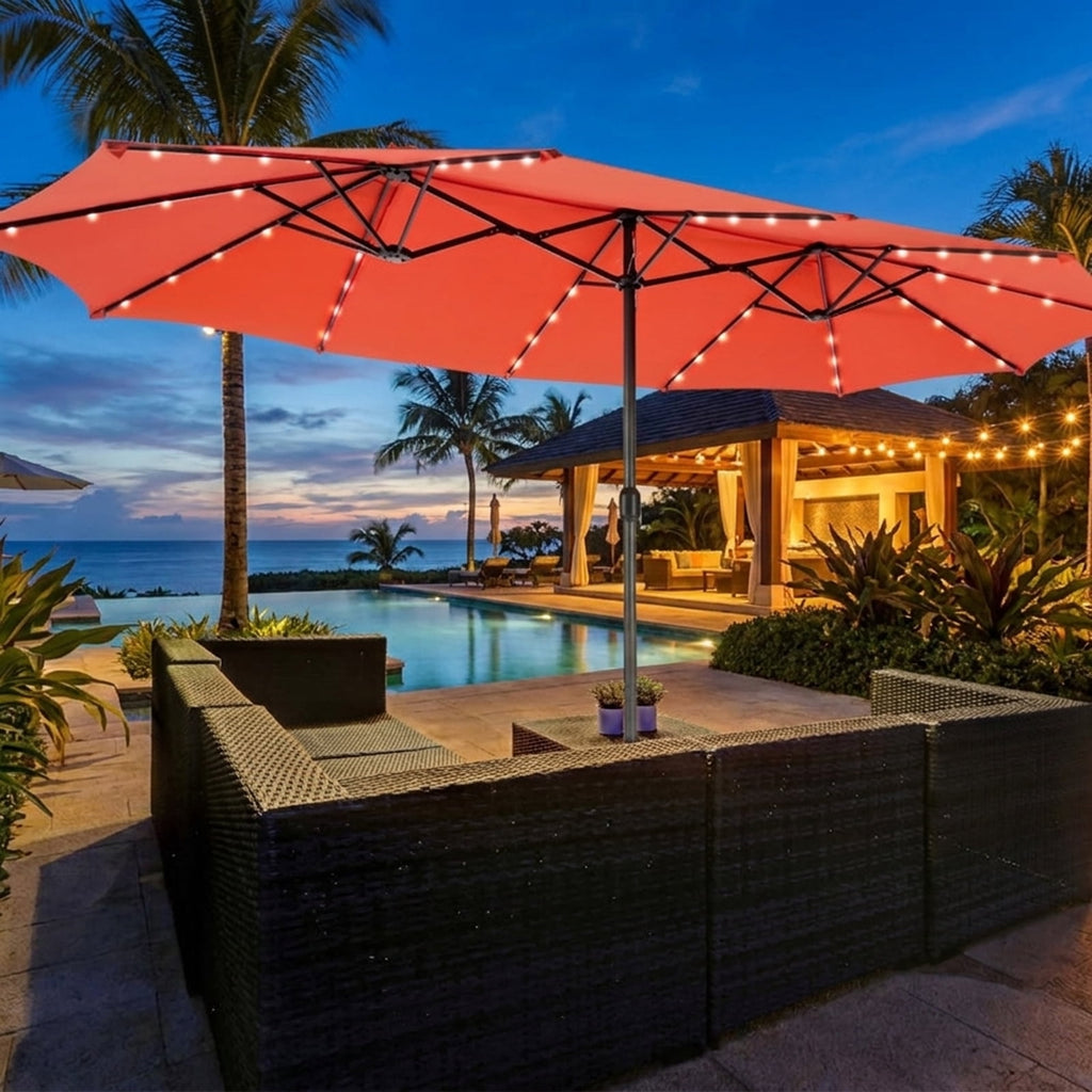 Biotree 15 ft Double-Sided Twin Patio Umbrella 48 LED Lights Outdoor Shade - Orange - UV Protection with Cross Base