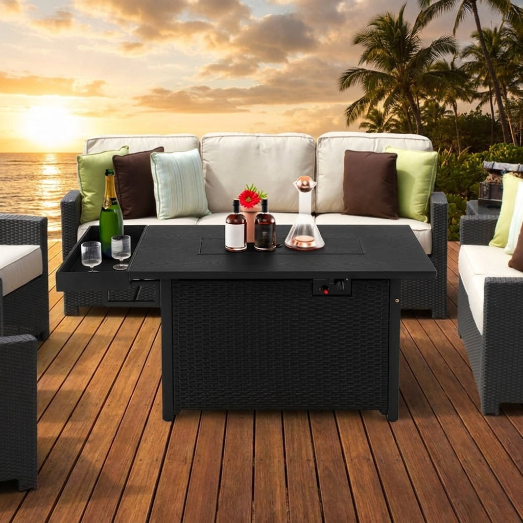 Biotree 52 Inches Outdoor Wicker Gas Fire Pit Propane Fire Table with Cover for Outdoor Patio Backyard Garden Camping, Black