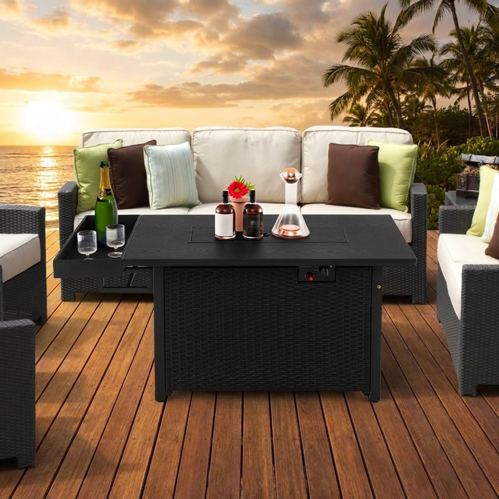 Biotree 52 Inches Outdoor Wicker Gas Fire Pit Propane Fire Table with Cover for Outdoor Patio Backyard Garden Camping, Black