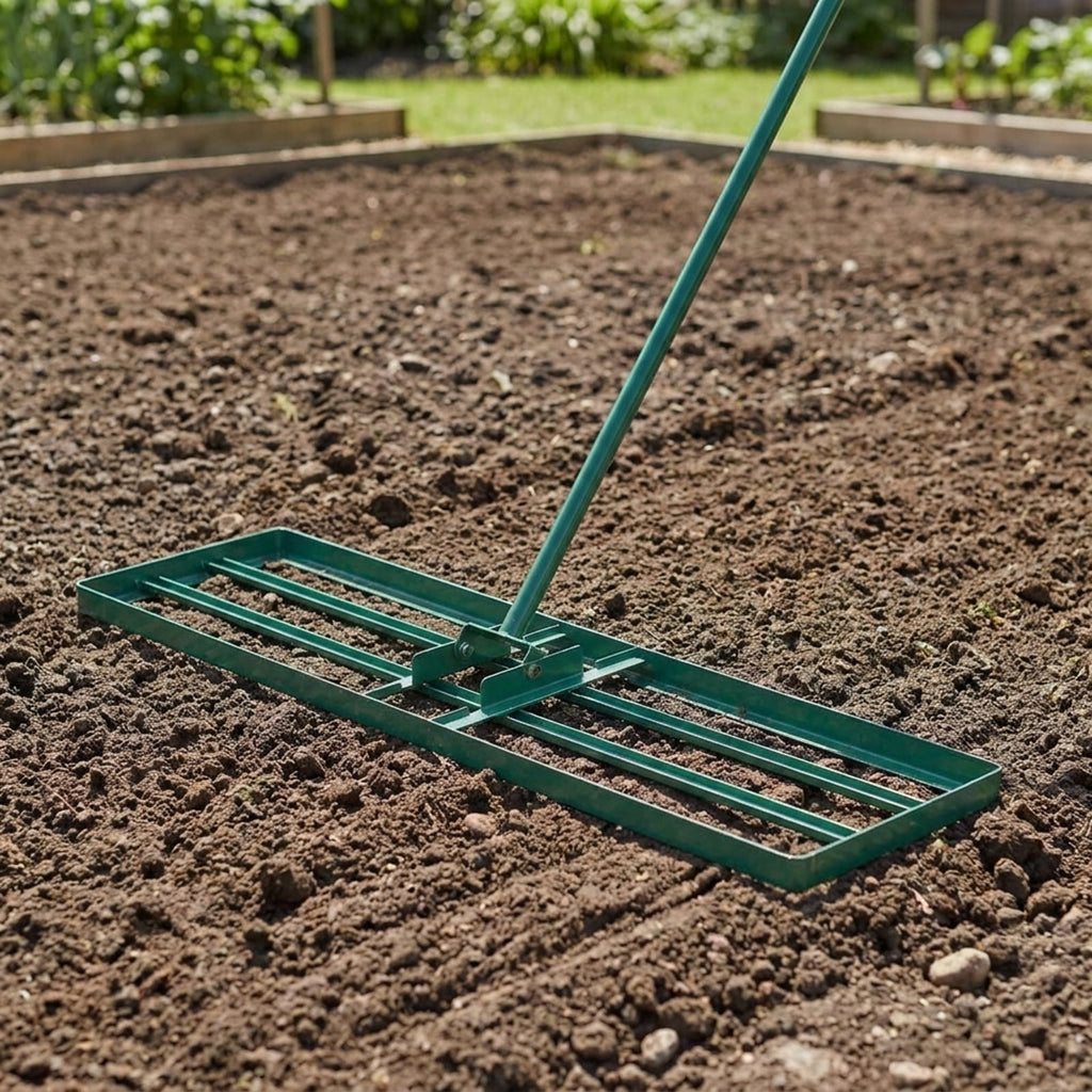 Biotree 42 x 10 Inch Lawn Leveling Rake with Ergonomic Handle for Lawn Garden Yard Soil Care, Green