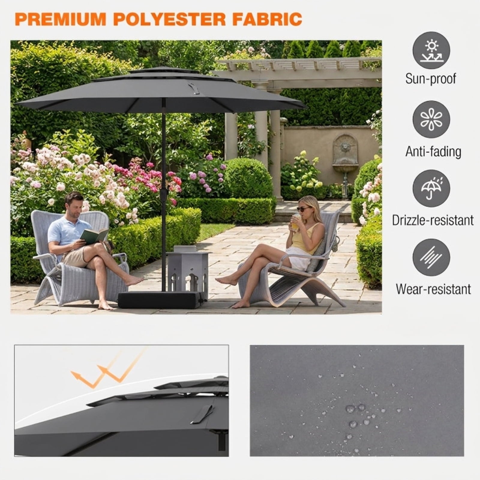 Biotree 10 FT Patio Umbrella, 3-tier Vented Patio Umbrella with Push Button Tilt for Patio Garden Backyard Pool, Brown