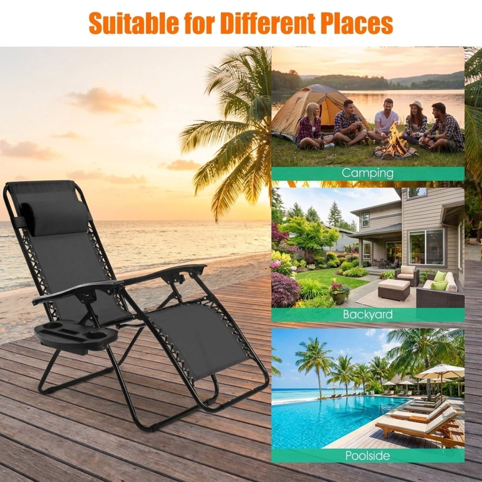 Biotree 2 Pieces Folding Recliner Zero Gravity Lounge Chair Stackable Patio Chair for Garden BackyardBlack