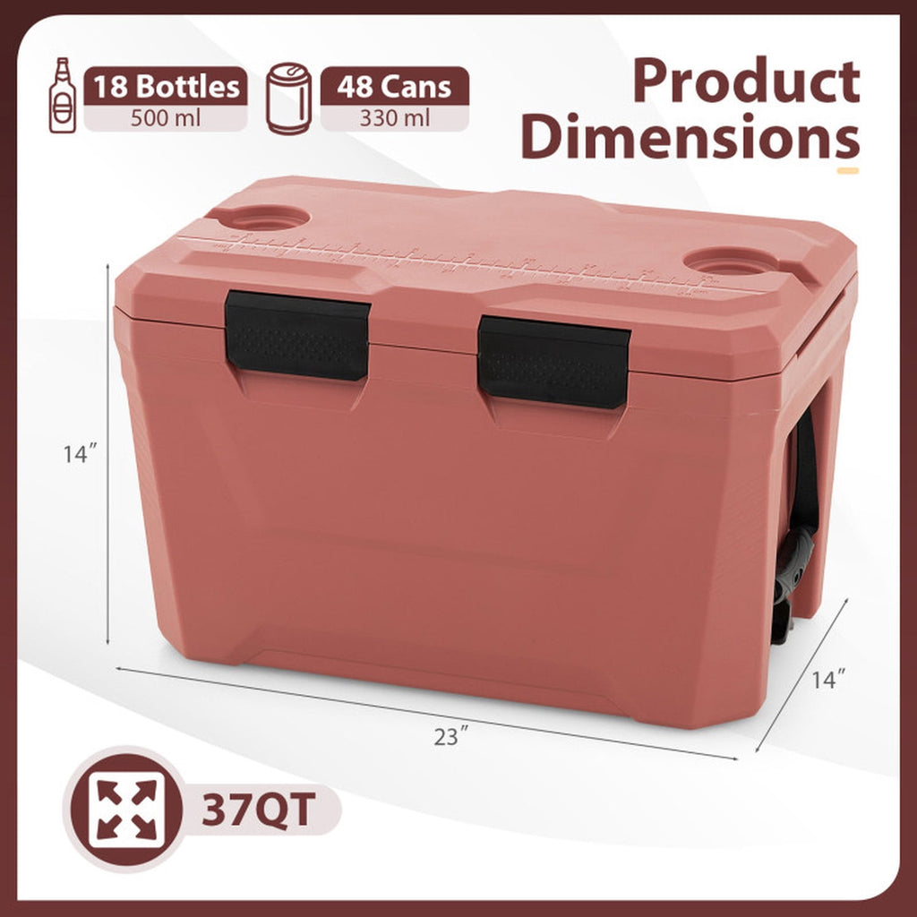 Biotree Insulated Portable Cooler Hard Shell Ice Chest with 2 Cup Holders Bottle Opener and Drain Plug, 37 Qt, Pink