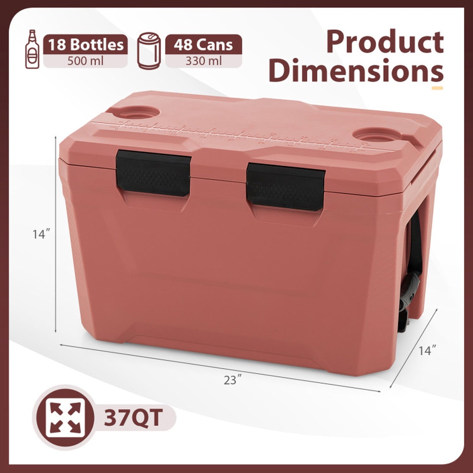 Biotree Insulated Portable Cooler Hard Shell Ice Chest with 2 Cup Holders Bottle Opener and Drain Plug, 37 Qt, Pink