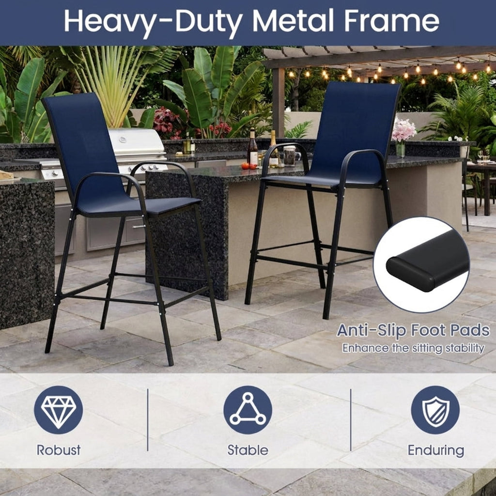 Biotree Set of 2 Outdoor Bar Stools 29-Inch Fabric Patio Bar Chairs with Armrests Inclined Backrest, Navy Blue