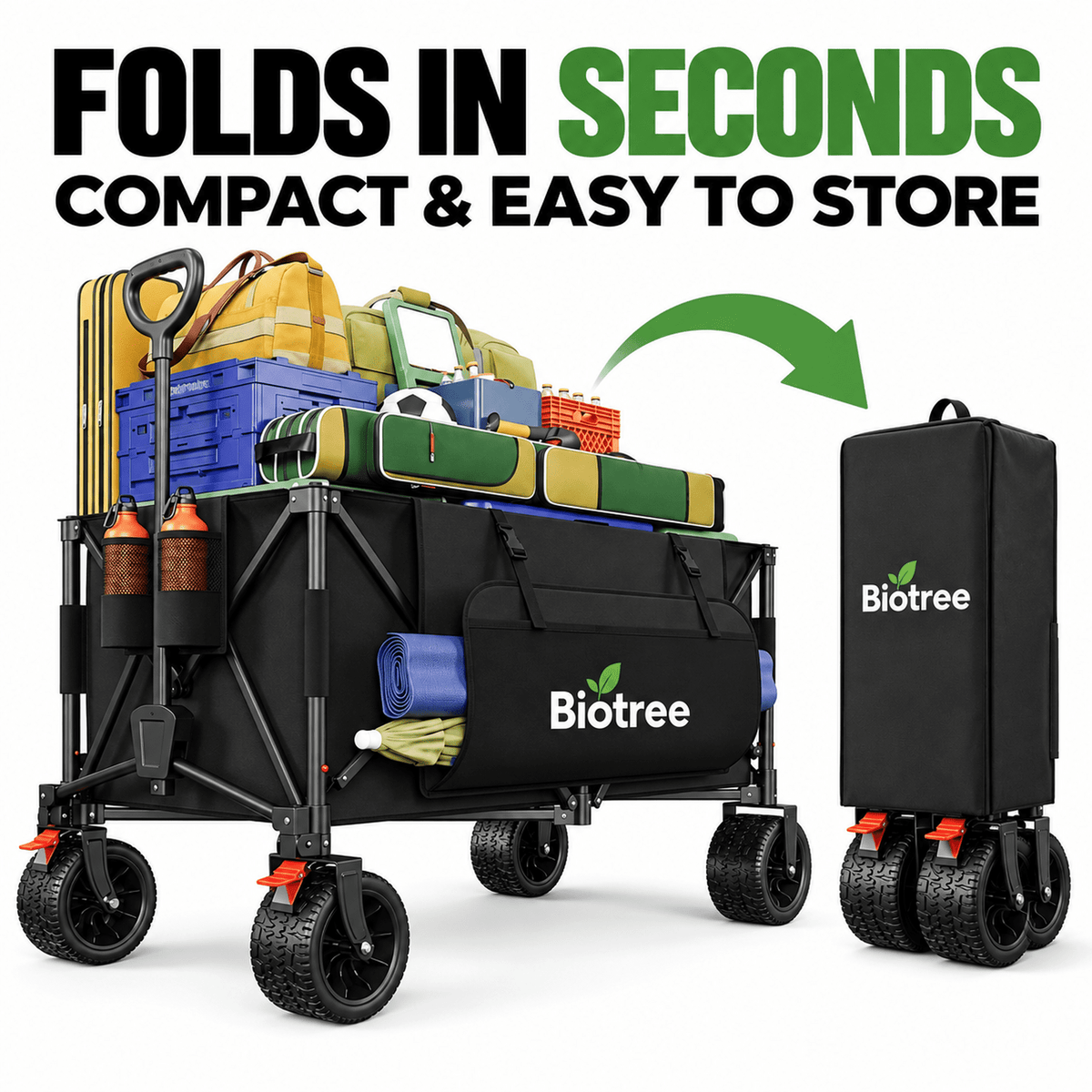 Biotree Collapsible Wagon Cart with Brakes, 600 lbs Heavy-Duty Folding Beach Wagon, 300L Large Capacity Garden Cart with All-Terrain Utility Cart for Camping Sports Shopping, Black