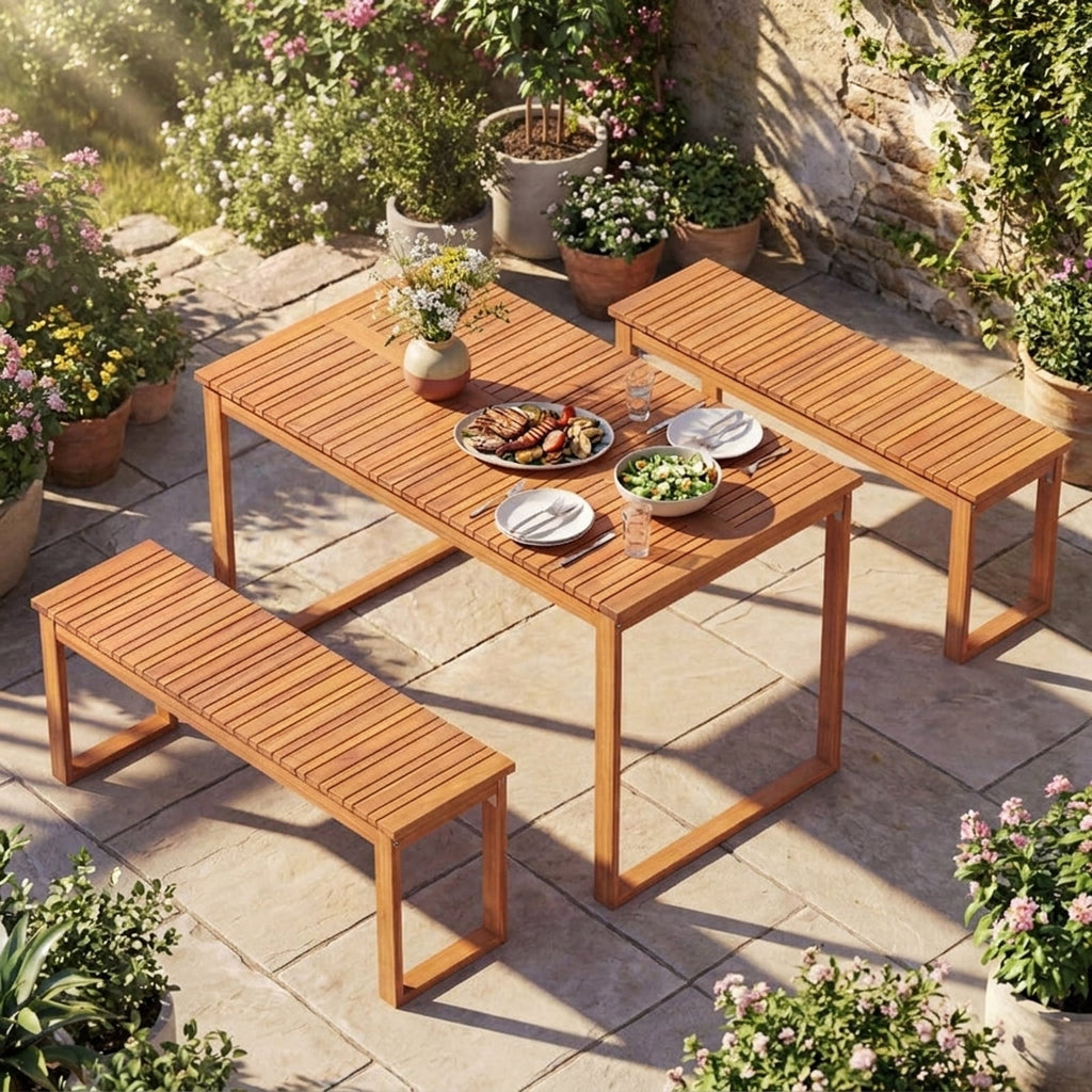 Biotree Acacia Wood Outdoor Garden Bench Set of 1/2 with Slatted Seat for Front Porch-Set of 2Natural