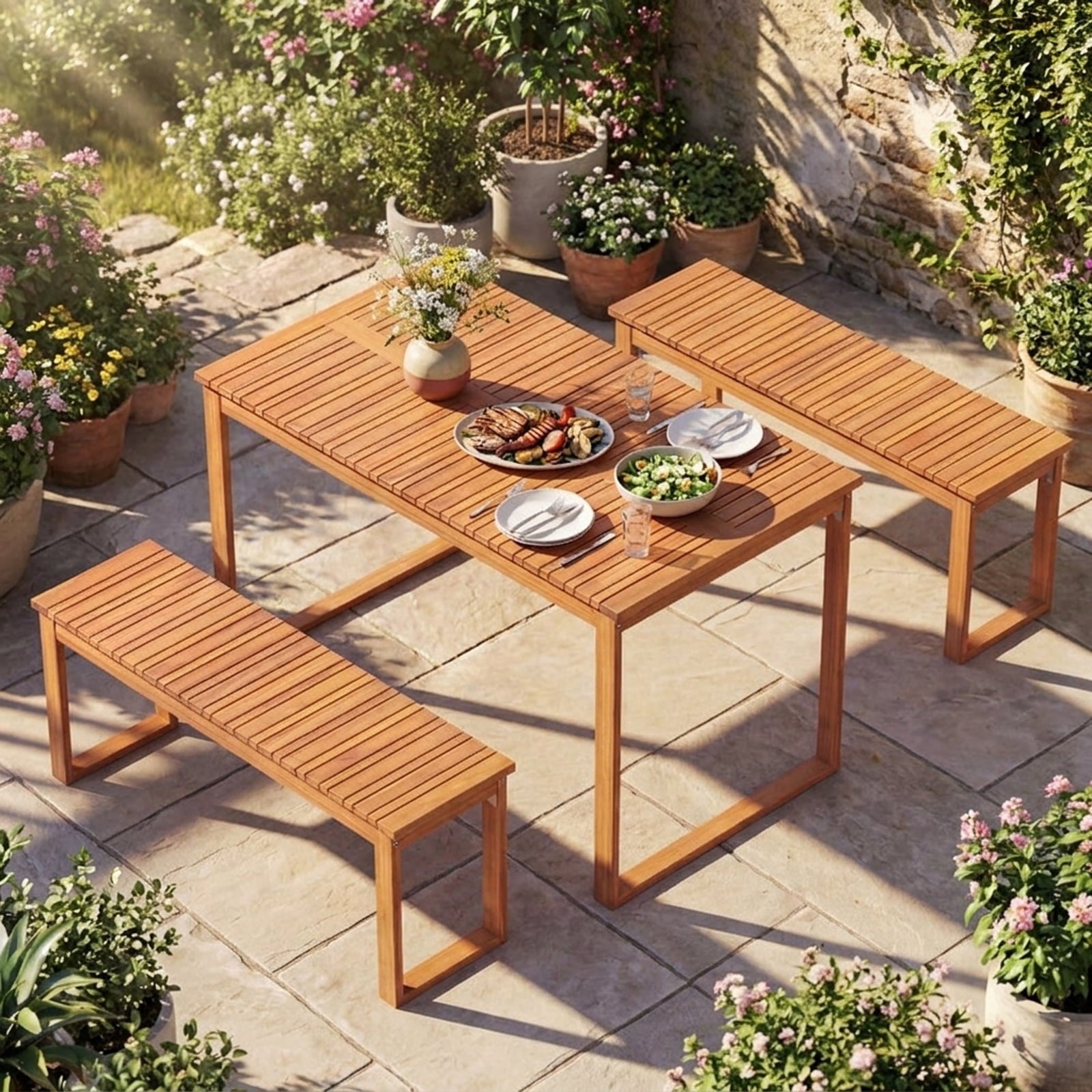 Biotree Acacia Wood Outdoor Garden Bench Set of 1/2 with Slatted Seat for Front Porch-Set of 2Natural