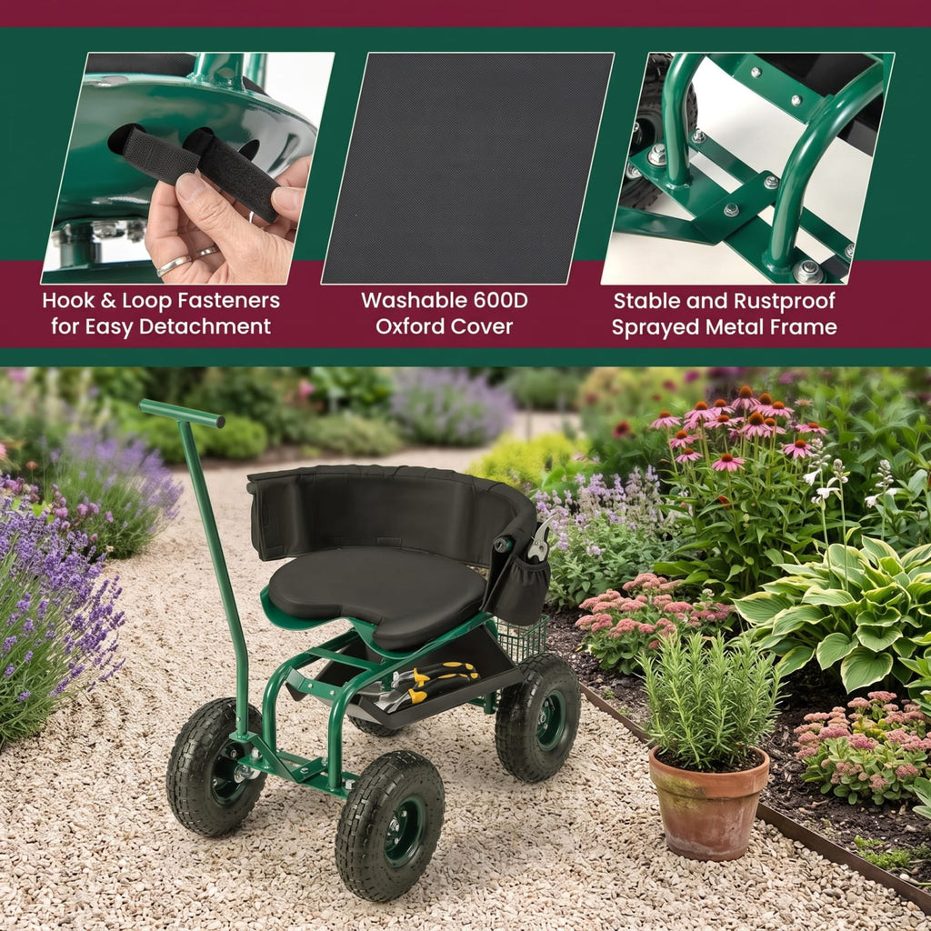 Biotree 330lbs Rolling Garden Cart with 360¡ã Height Adjustable Swivel Seat, Garden Scooter with Storage Basket, Tool Tray for Weeding Planting Gardening Green